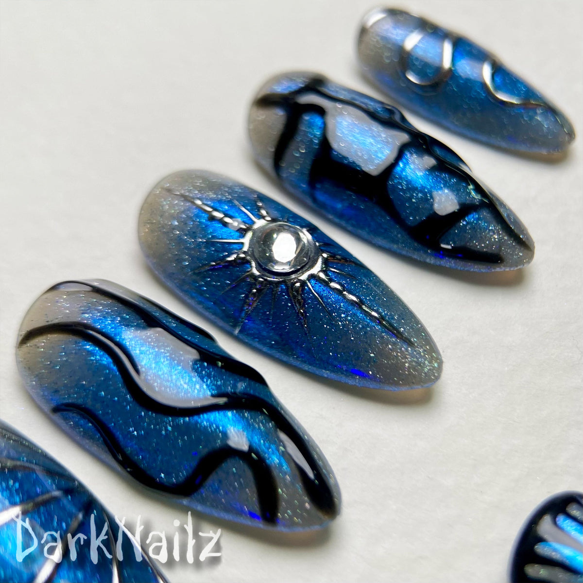 Blue Glitter Press-On Nails, Chrome Butterfly Cross Gothic Fake Nails