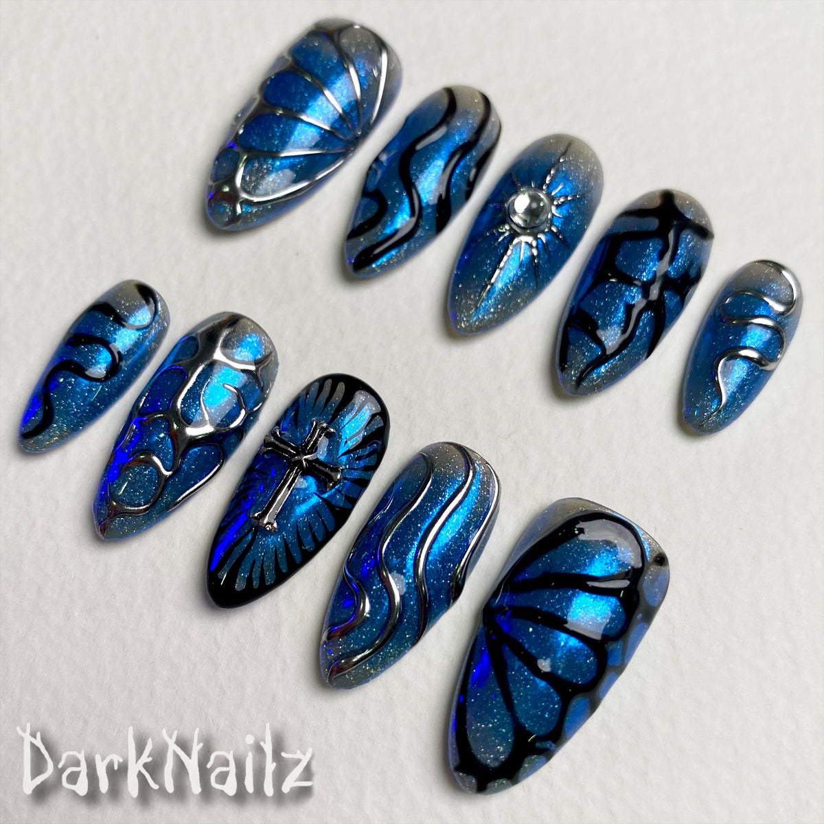 Blue Glitter Press-On Nails, Chrome Butterfly Cross Gothic Fake Nails
