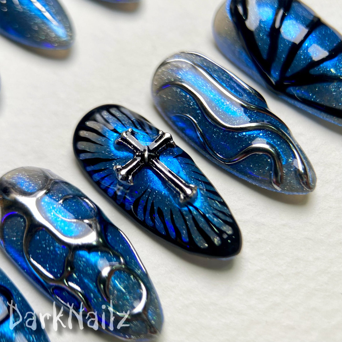 Blue Glitter Press-On Nails, Chrome Butterfly Cross Gothic Fake Nails