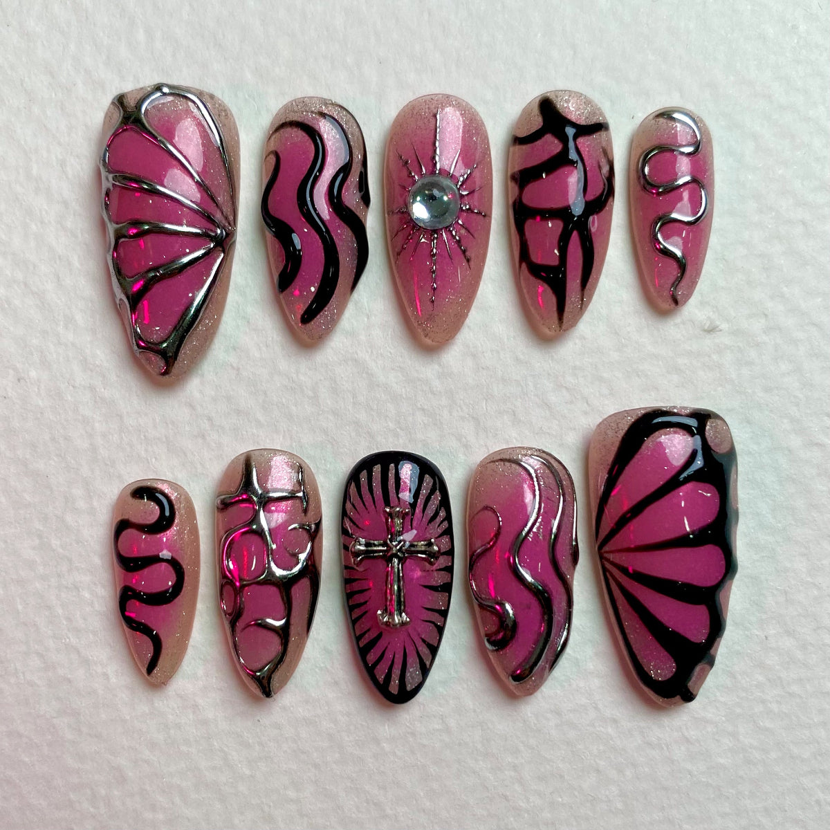 Pink Chrome Press-On Nails, Gothic Butterfly Cross Fake Nails with Vein Swirl Art