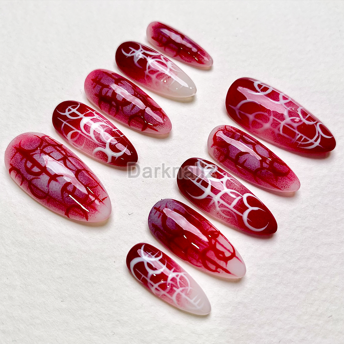 Crimson Sigil Gothic Press-On Nails – Red Ombre Dark Symbol Fake Nails