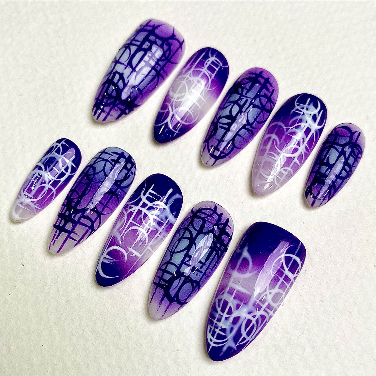 Violet Ritual – Purple Press-On Nails, Gothic Fake Nails with Dark Abstract Sigil Pattern