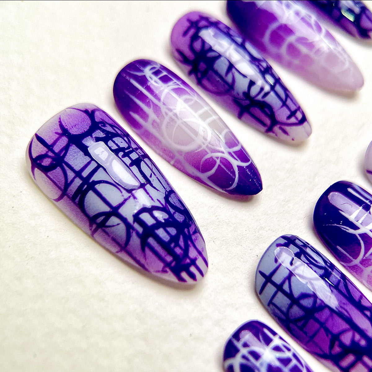 Violet Ritual – Purple Press-On Nails, Gothic Fake Nails with Dark Abstract Sigil Pattern