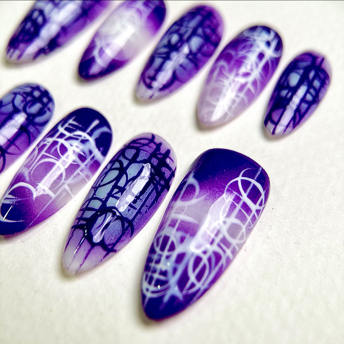 Violet Ritual – Purple Press-On Nails, Gothic Fake Nails with Dark Abstract Sigil Pattern