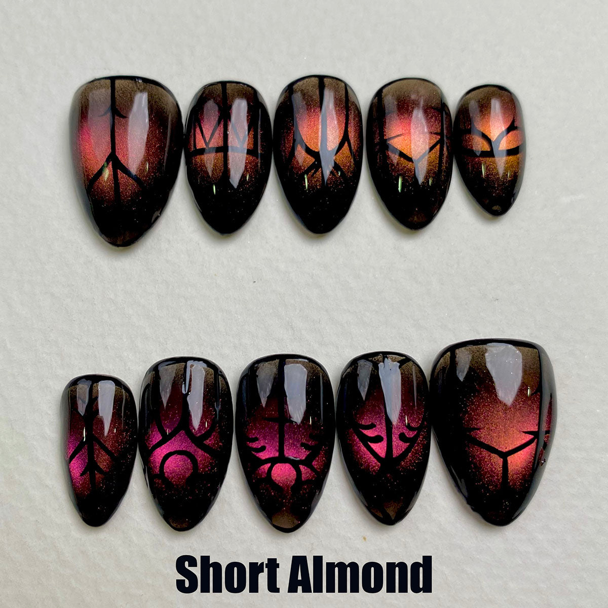Inferno Sigil Gothic Press-On Nails – Black Red Cat Eye Fake Nails