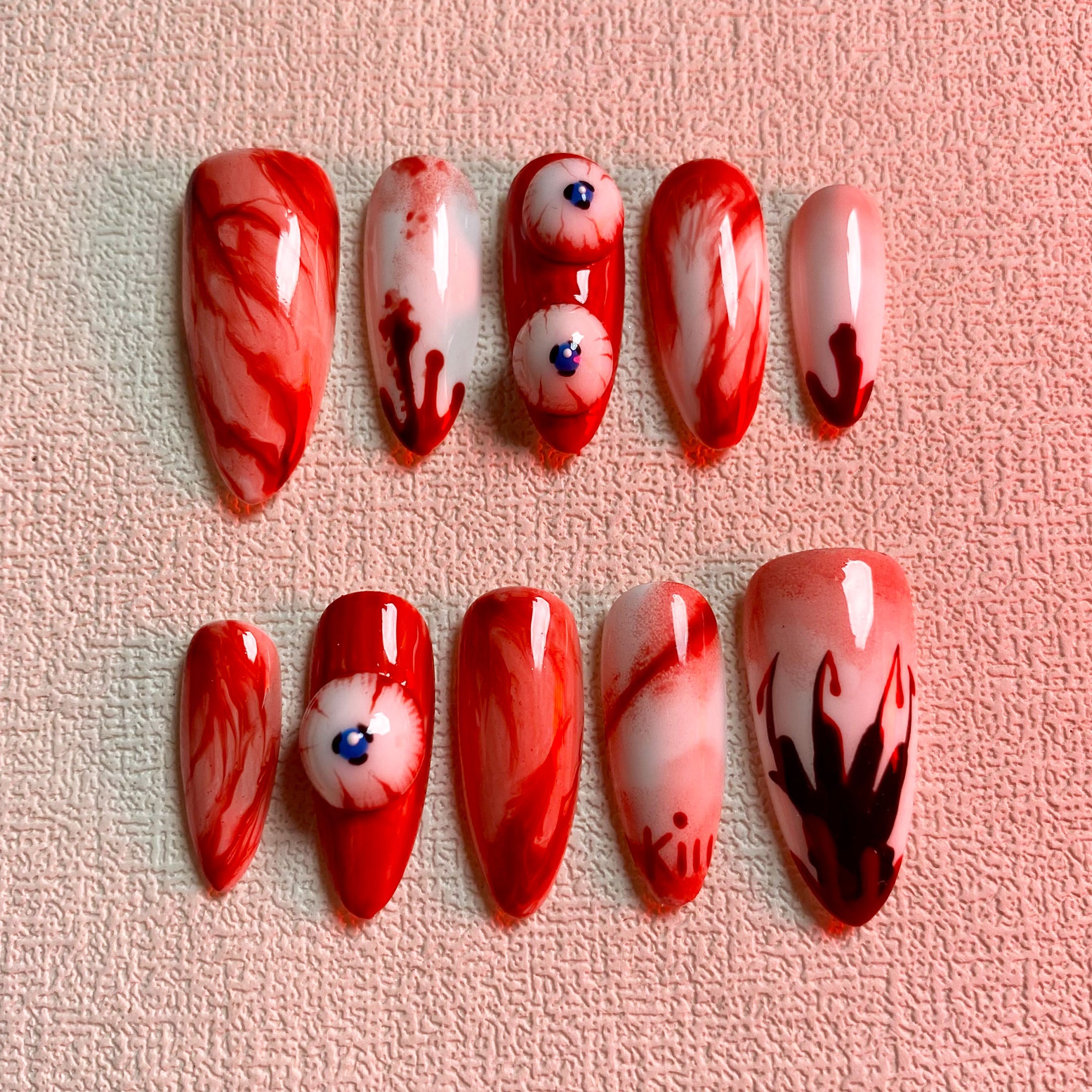 Horror Halloween Press On Nails, Gothic Punk Scary Red Fake Nails, Horror Glove False Nails