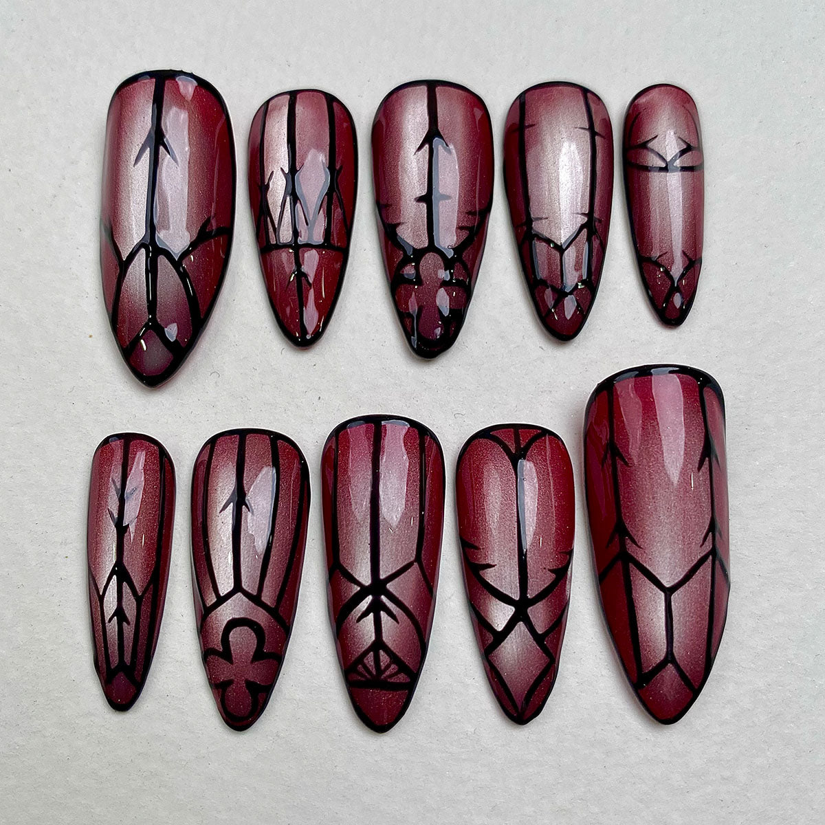 Crimson Gate – Red Cat Eye Press-On Nails, Gothic Fake Nails with Dark Gate Pattern