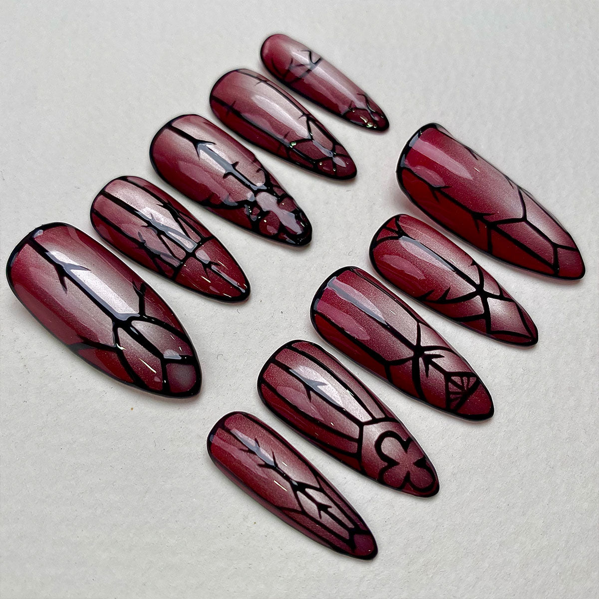 Crimson Gate – Red Cat Eye Press-On Nails, Gothic Fake Nails with Dark Gate Pattern