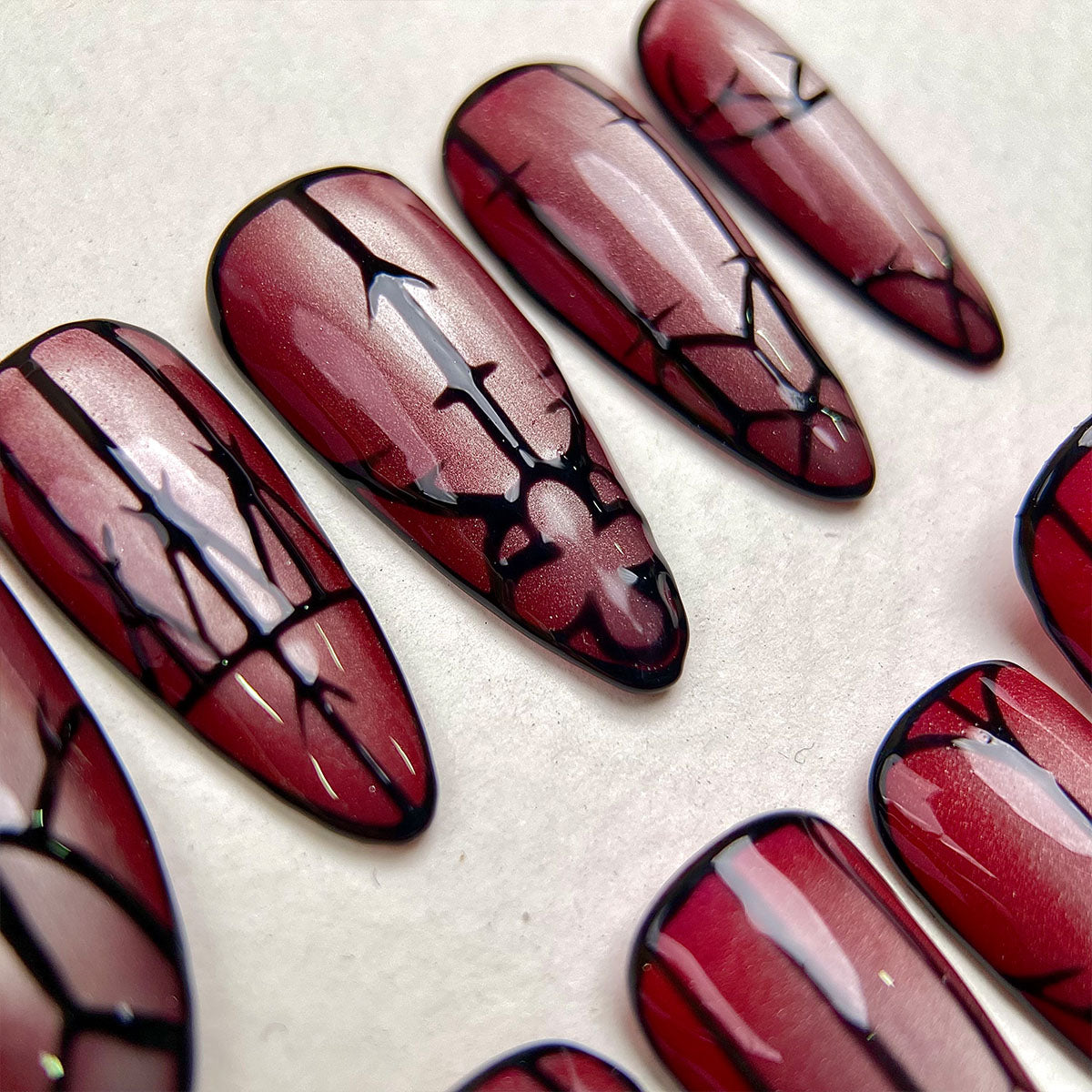 Crimson Gate – Red Cat Eye Press-On Nails, Gothic Fake Nails with Dark Gate Pattern