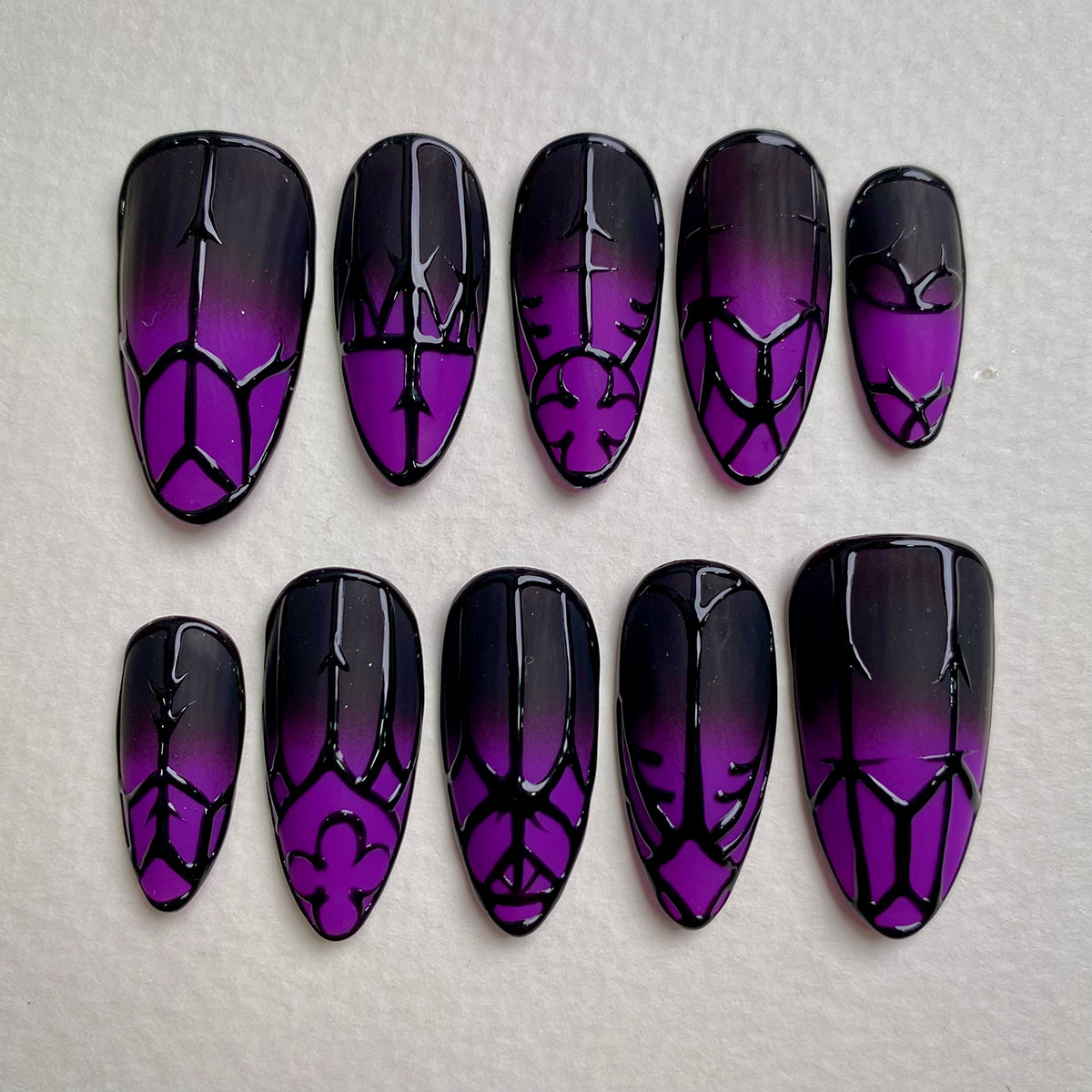 Darkgate Purple Ombre Press On Nails, Black Gothic Armor Fake Nails
