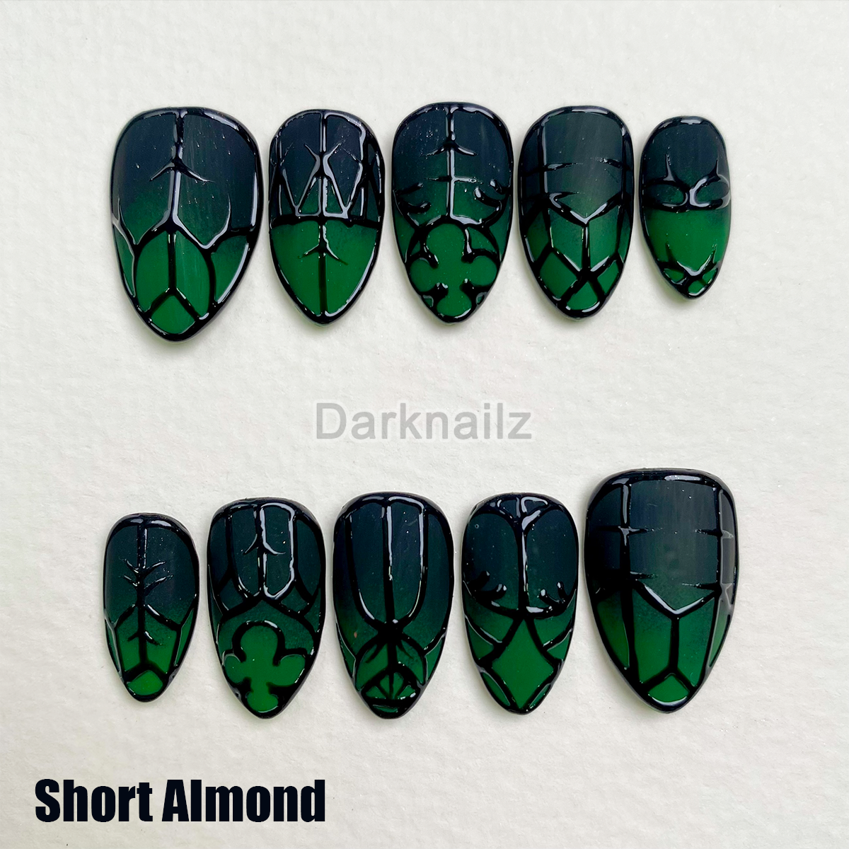 Enchanted Forest Gate Press-On Nails – Matte Green Fake Nails with Gothic Black Symbol Art