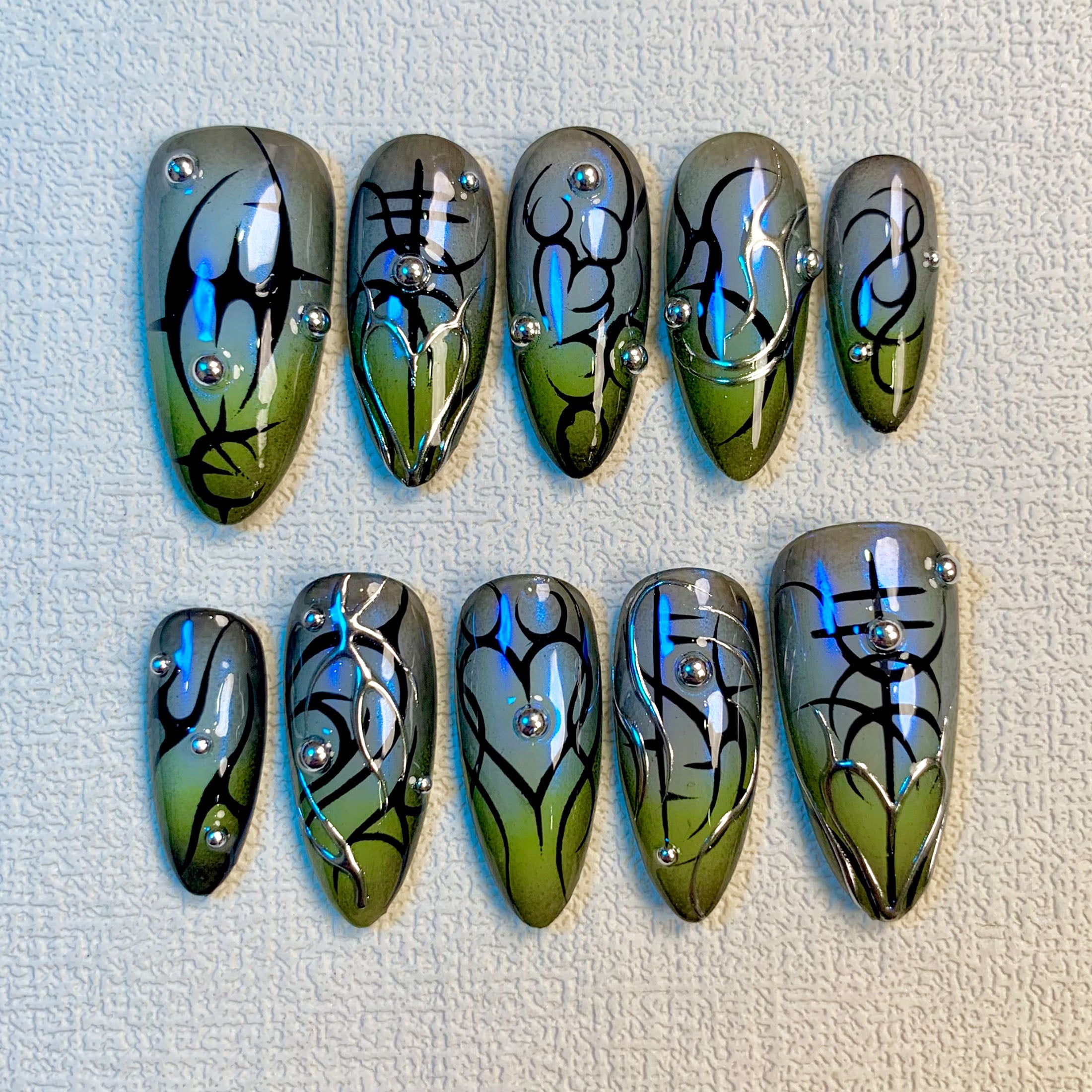 Custom Black Strokes Press On Nails, Gothic Punk Tattoo Nails, Goth Y2K Stunning Mirror Fake Nails | Darknailz