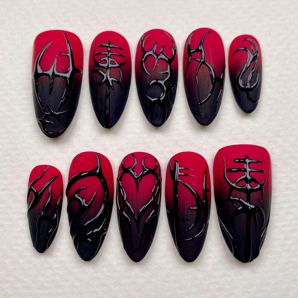 Crimson Sigil Press-On Nails – Matte Red Fake Nails with Gothic Symbols & Dark 3D Art