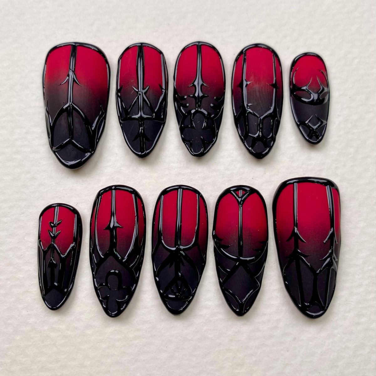Enchanted Gate Press-On Nails – Red to Black Ombre Fake Nails with 3D Gothic Gate Designs