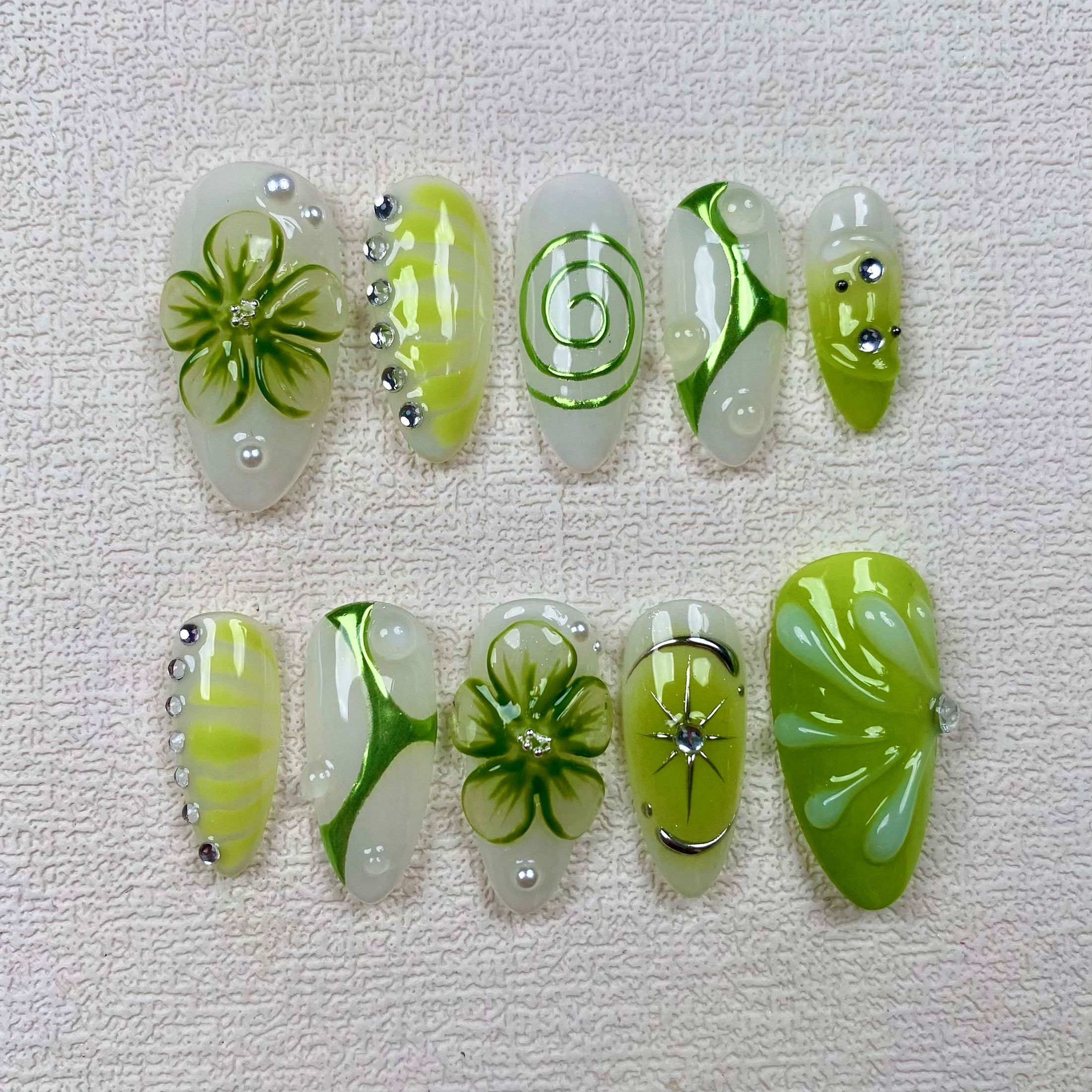 Handmade Green Flowers Press On Nails | Darknailz