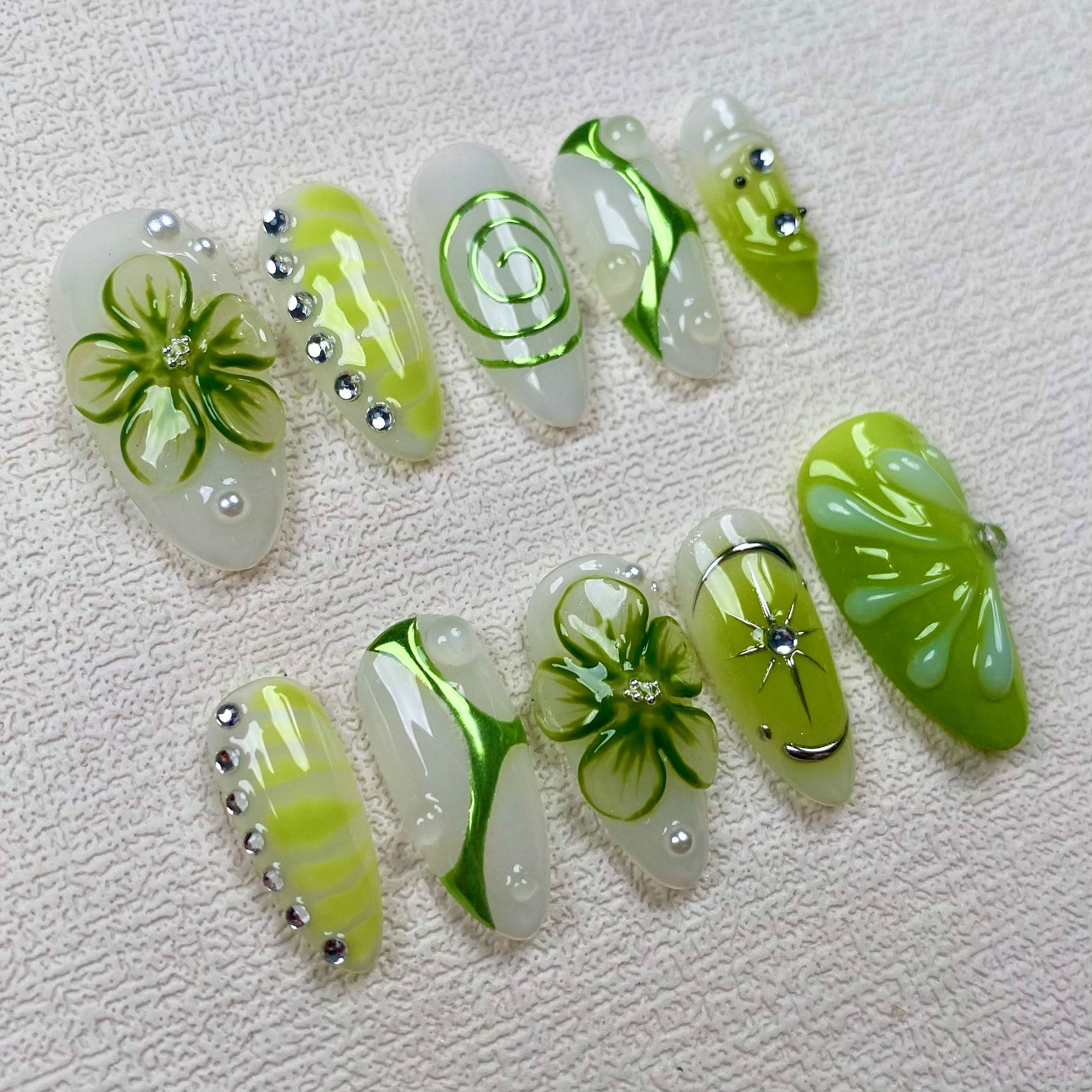 Handmade Green Flowers Press On Nails | Darknailz