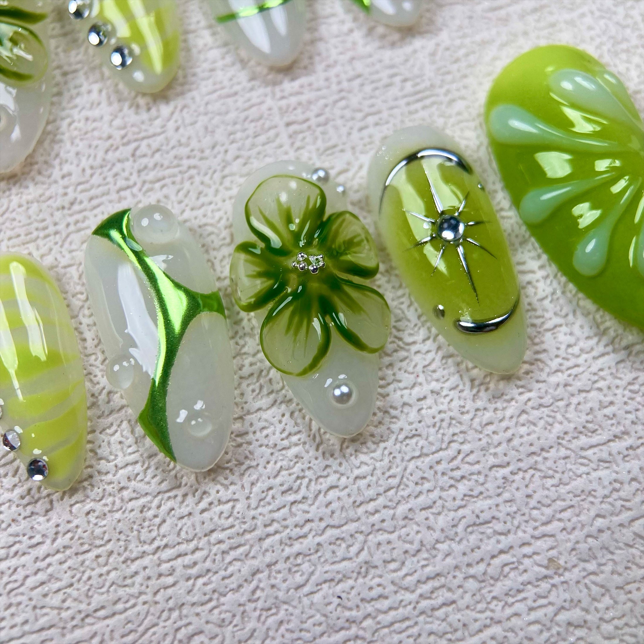 Handmade Green Flowers Press On Nails | Darknailz