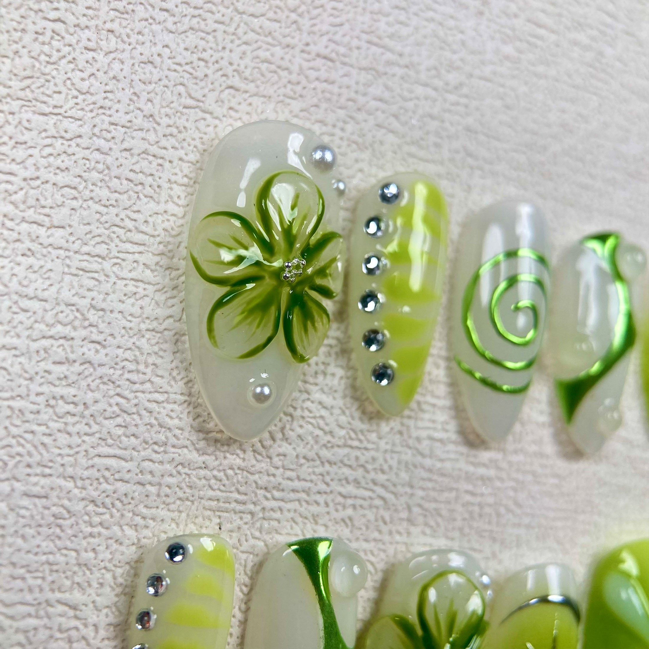 Handmade Green Flowers Press On Nails | Darknailz