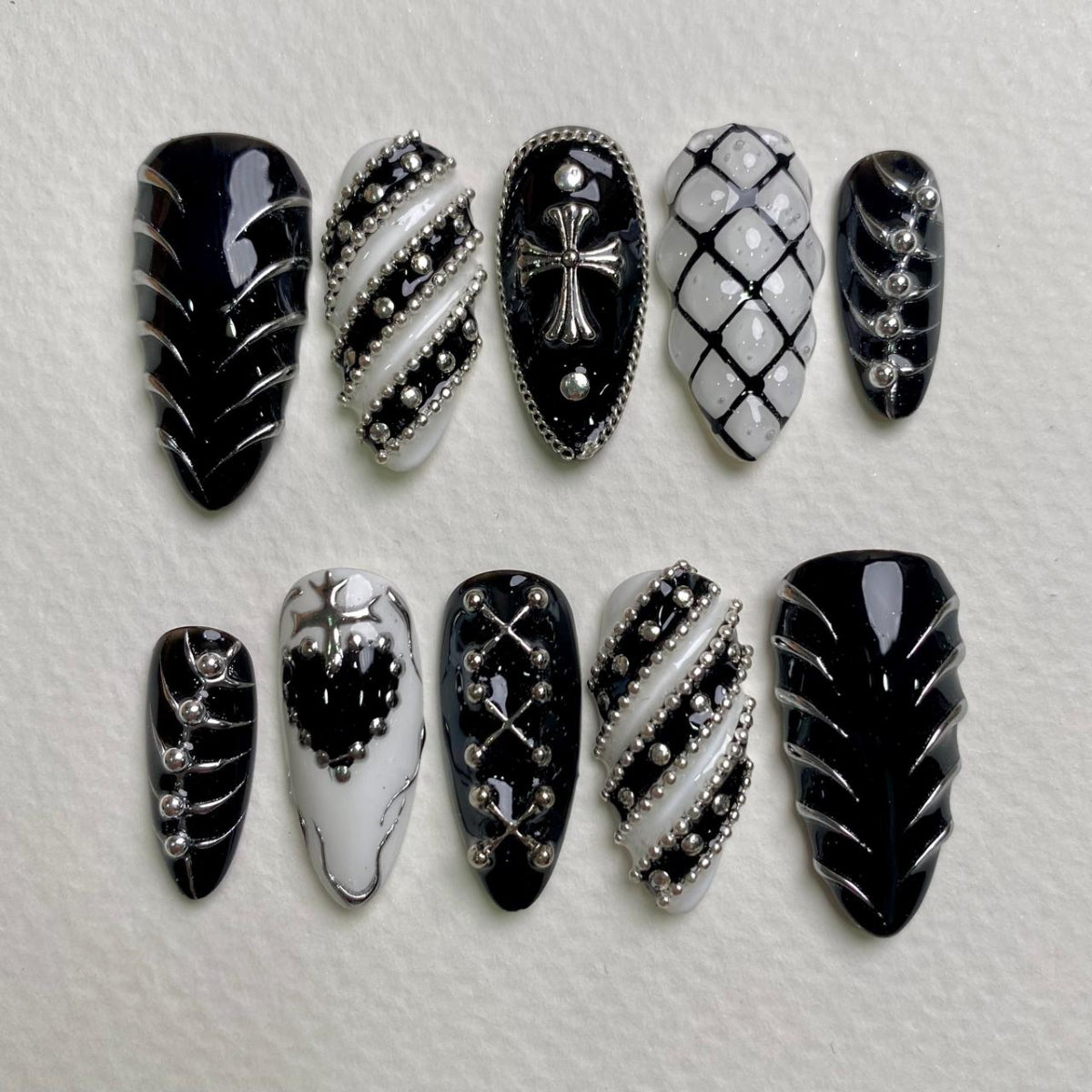 Steelthorn Gothic Black & White Press-On Nails – Fake Nails with Chrome Studs & Dark Edgy Vibe