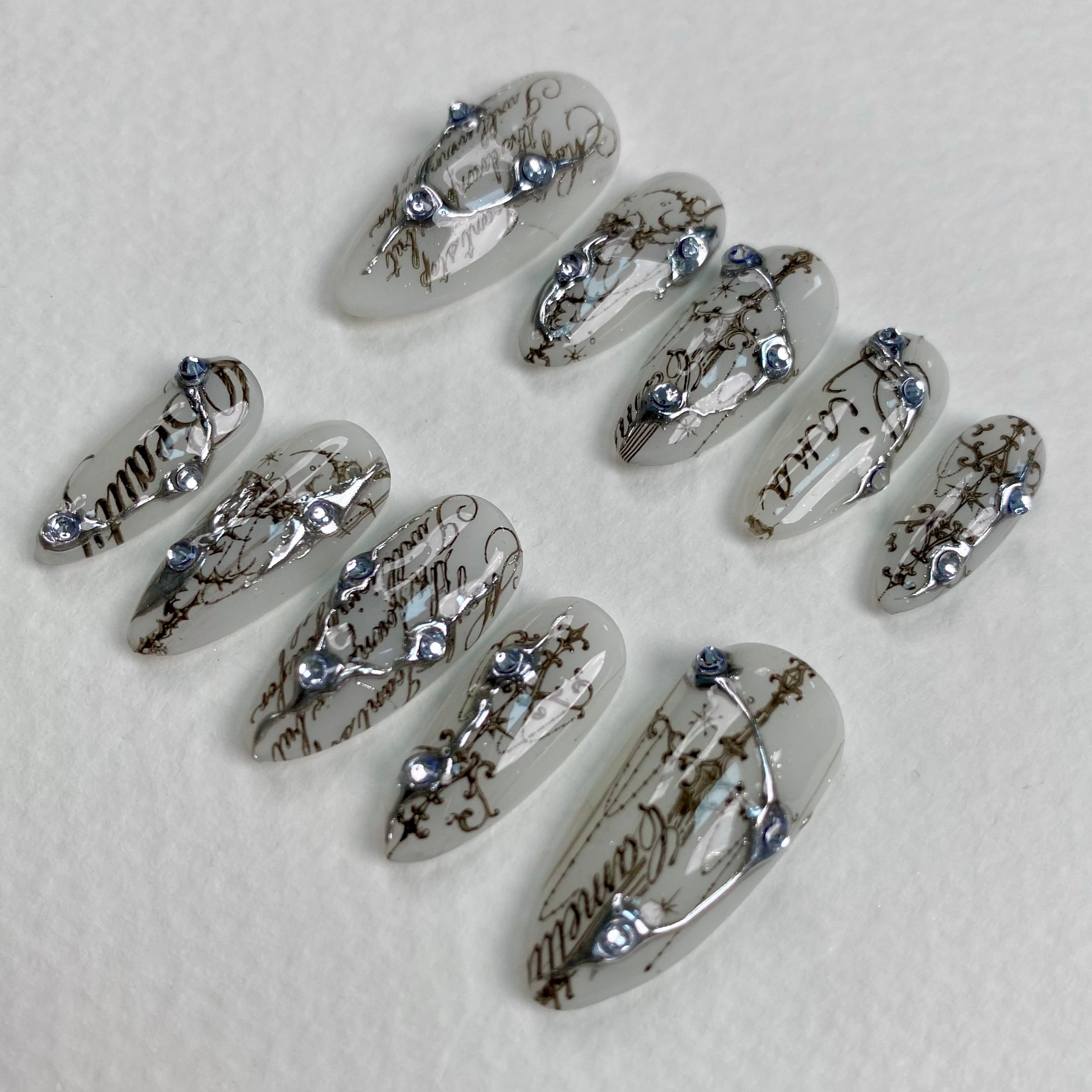 Dark Script Press-On Nails – Silver Chrome Gothic Fake Nails