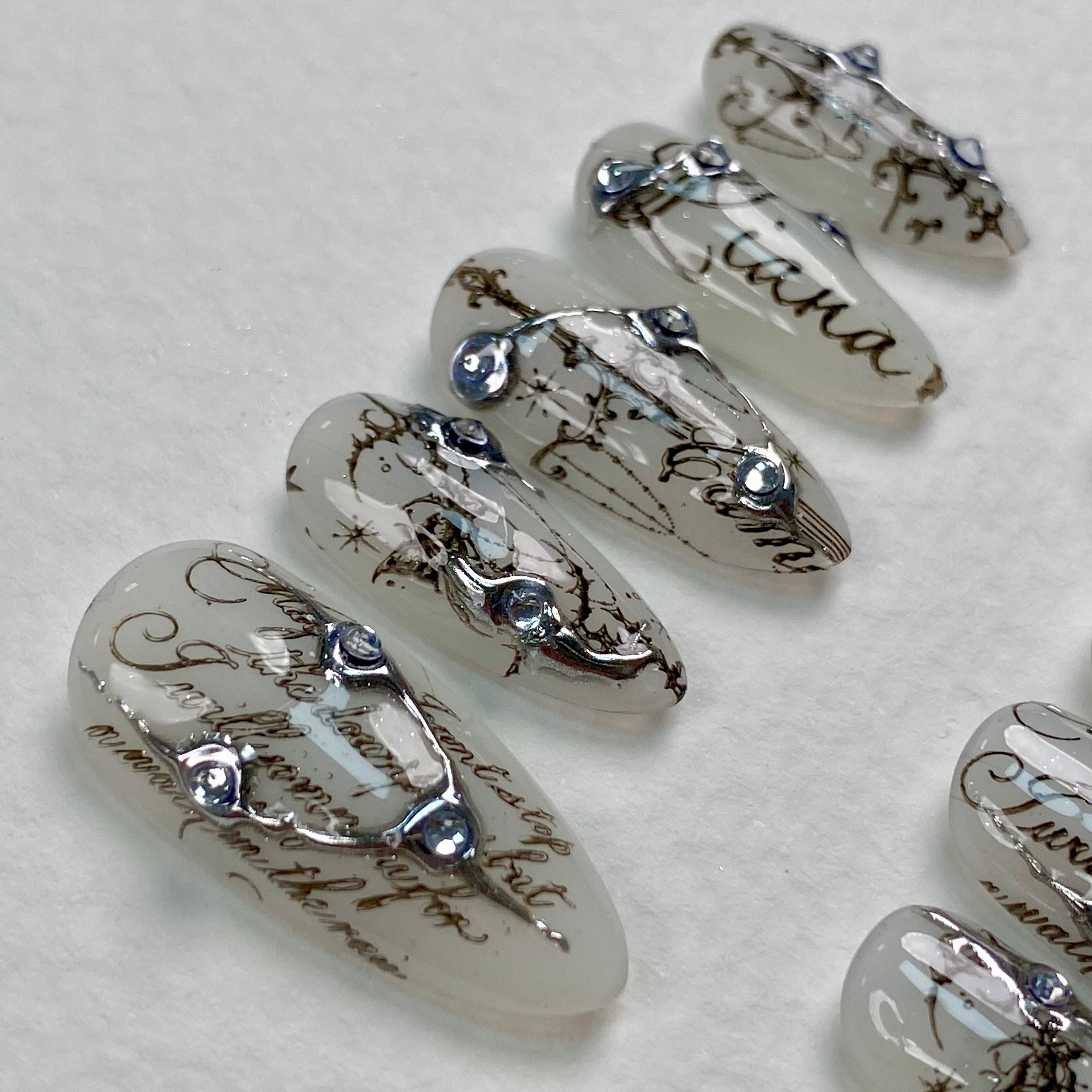 Dark Script Press-On Nails – Silver Chrome Gothic Fake Nails