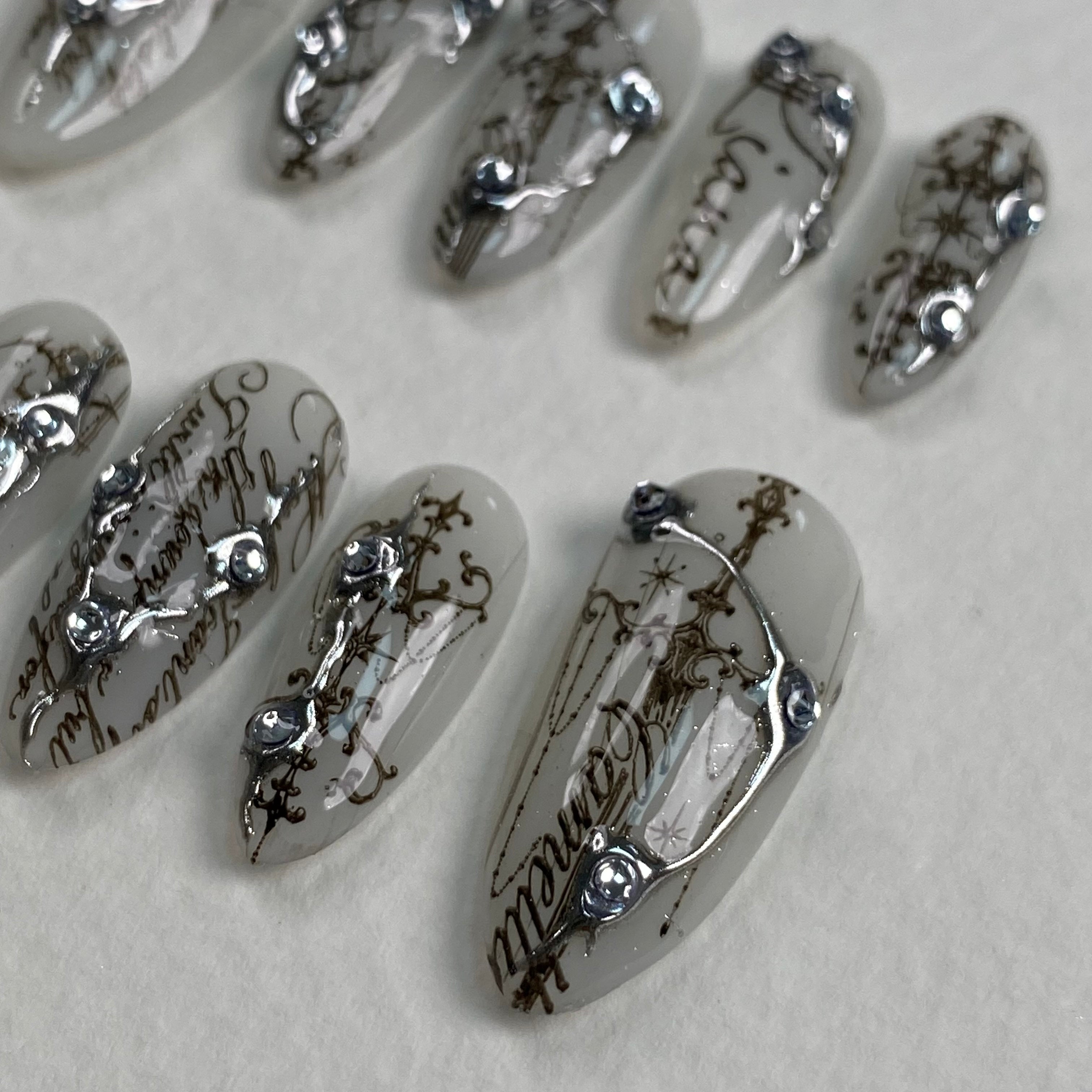 Dark Script Press-On Nails – Silver Chrome Gothic Fake Nails