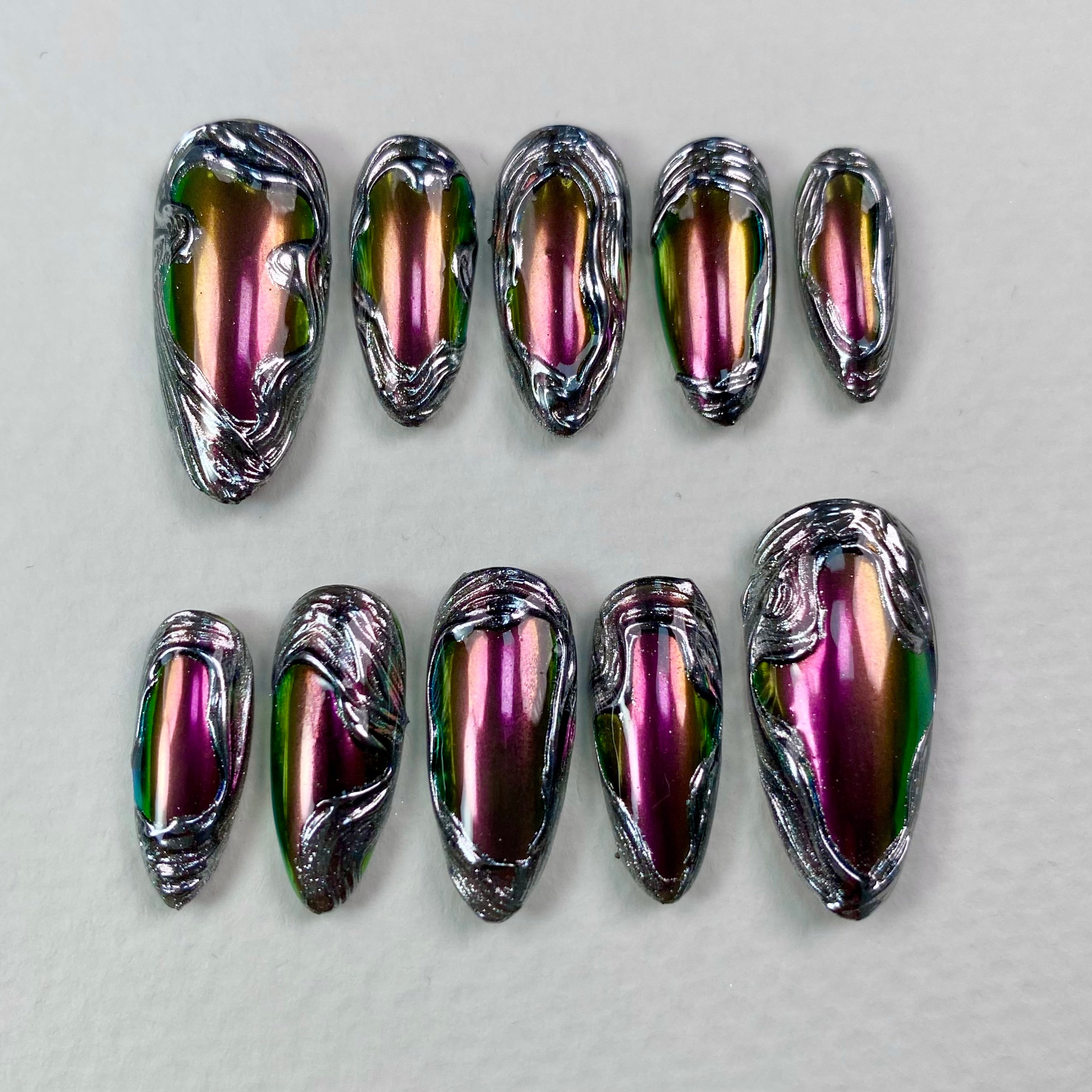 Dark Purple Chrome Mirror Glaze Press On Nails, Gothic Silver Chrome Fake Nails