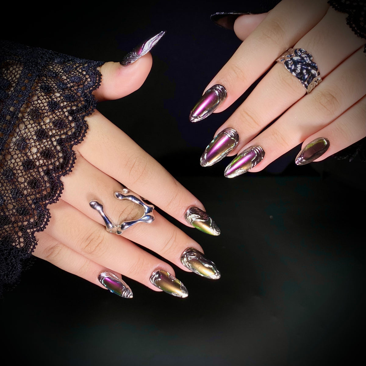 Dark Purple Chrome Mirror Glaze Press On Nails, Gothic Silver Chrome Fake Nails