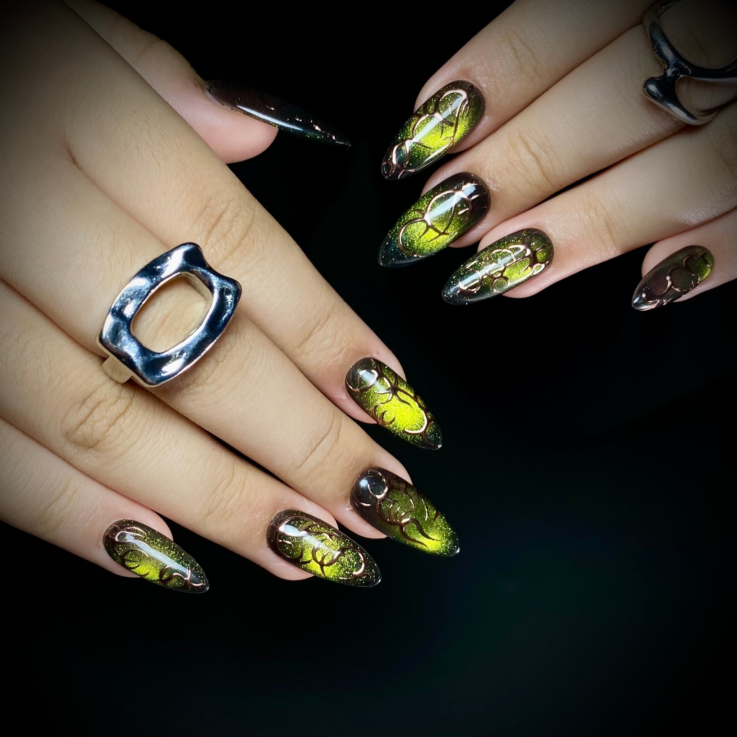 Poison Green Cyber Press-On Nails – Metallic Bronze Tribal Gothic Fake Nails
