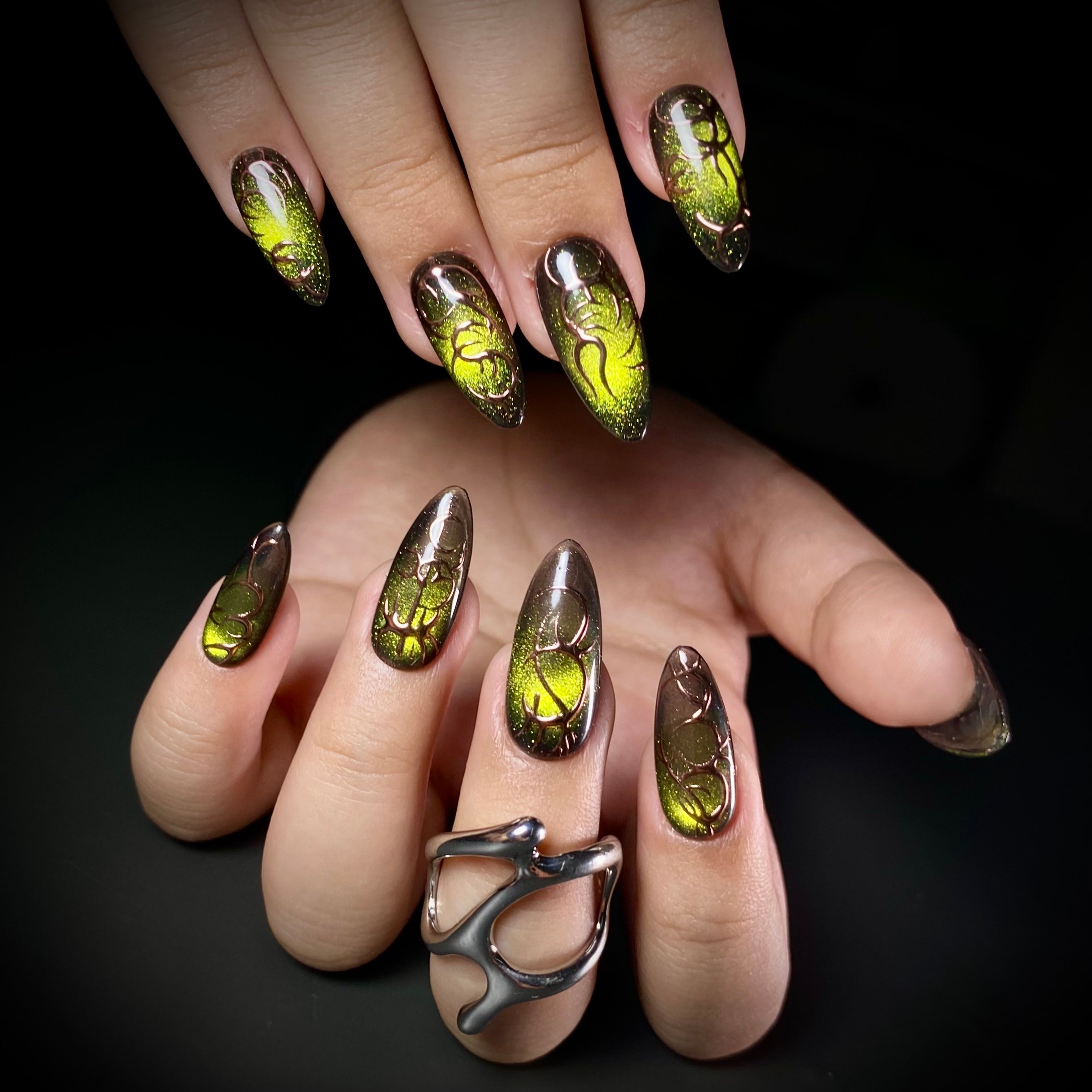 Poison Green Cyber Press-On Nails – Metallic Bronze Tribal Gothic Fake Nails