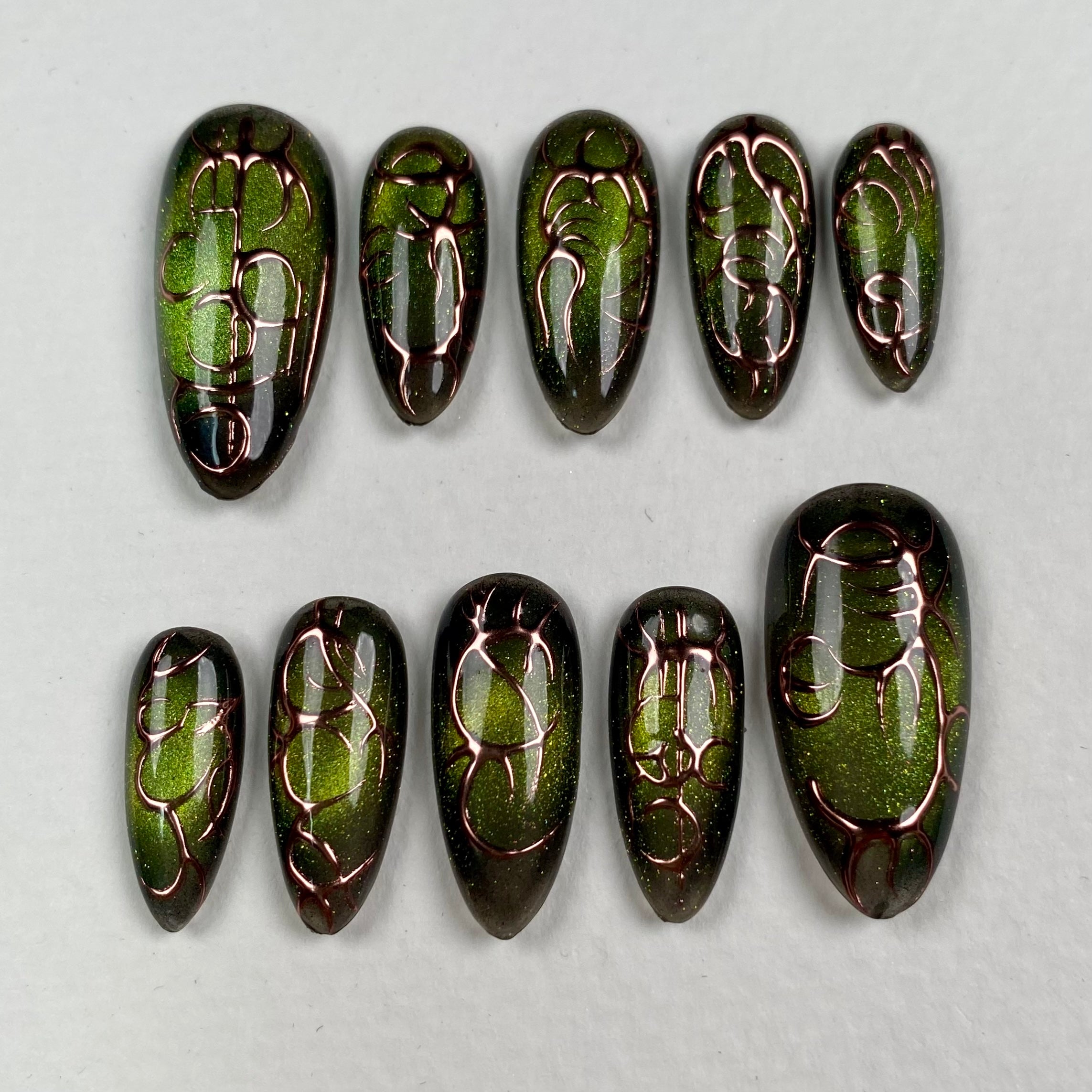 Poison Green Cyber Press-On Nails – Metallic Bronze Tribal Gothic Fake Nails