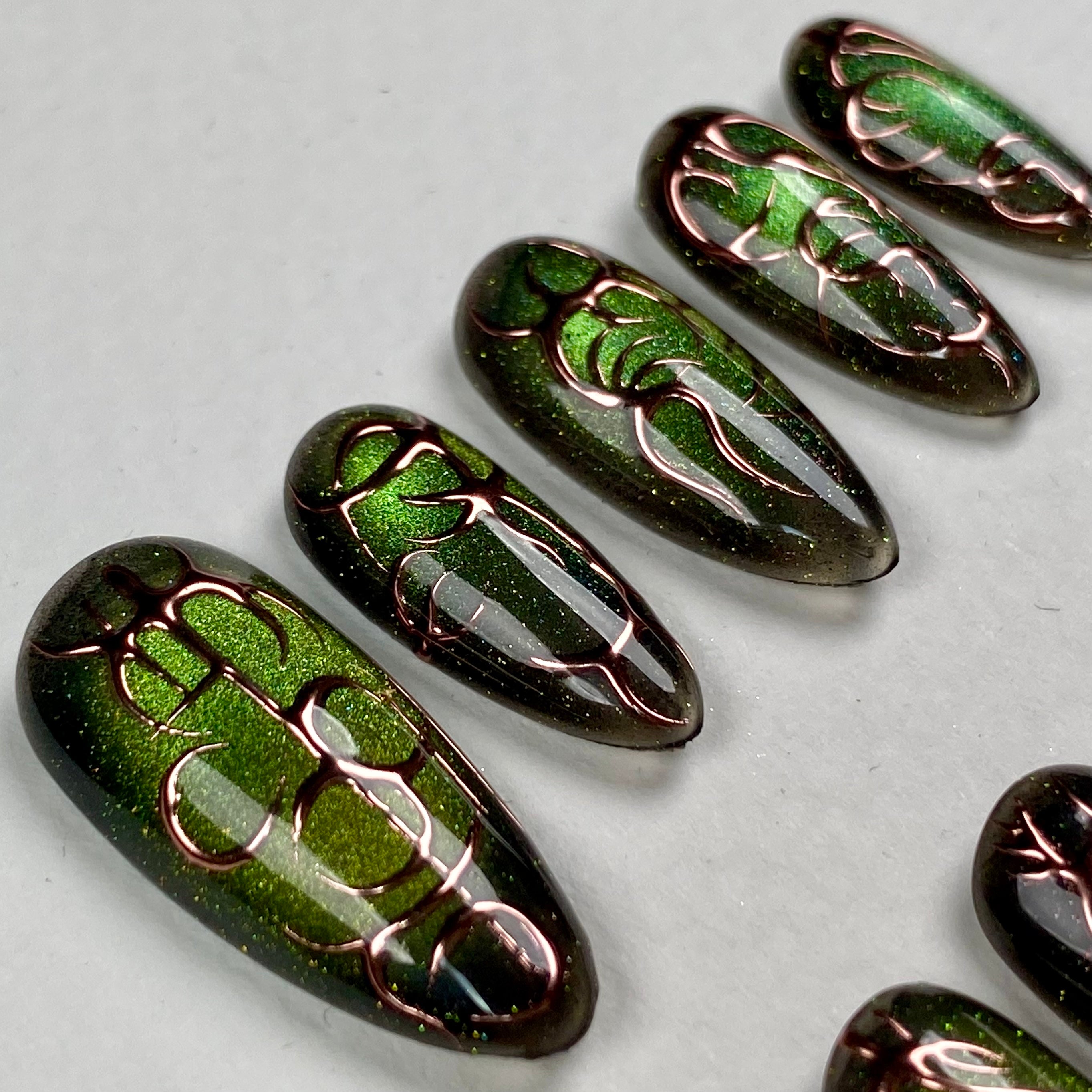 Poison Green Cyber Press-On Nails – Metallic Bronze Tribal Gothic Fake Nails