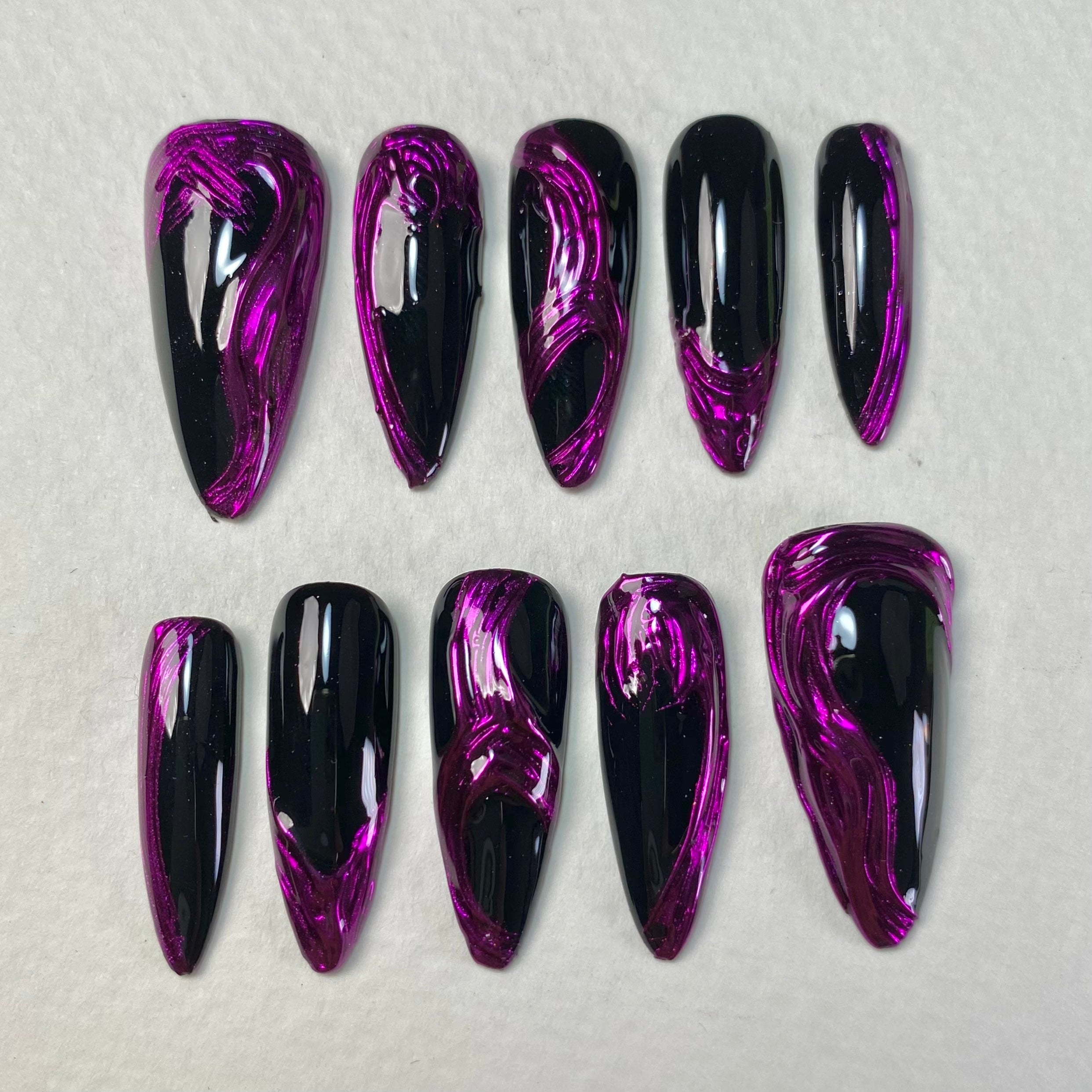 Purple Chrome Press-On Nails – Black Metallic 3D Gothic Fake Nails