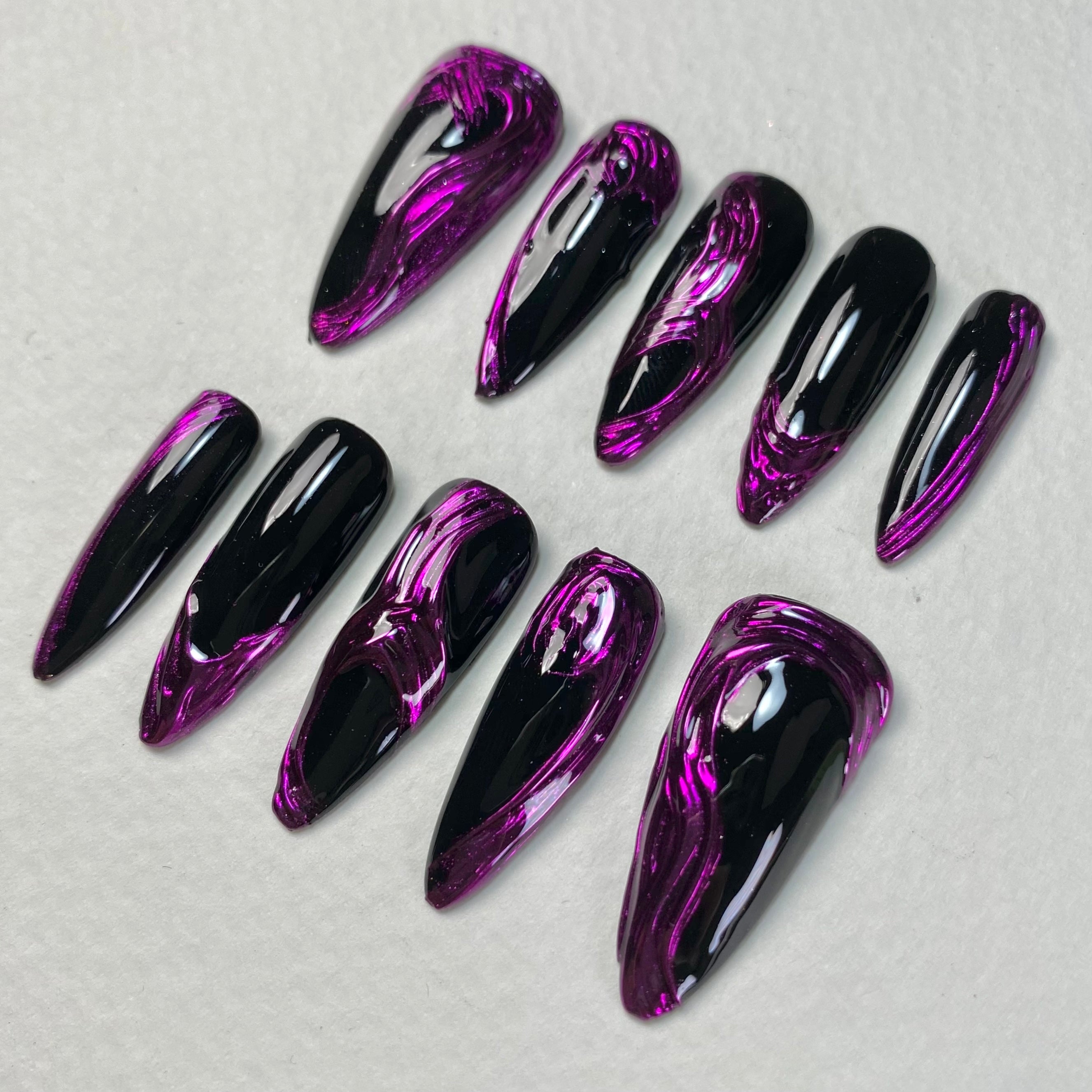 Purple Chrome Press-On Nails – Black Metallic 3D Gothic Fake Nails