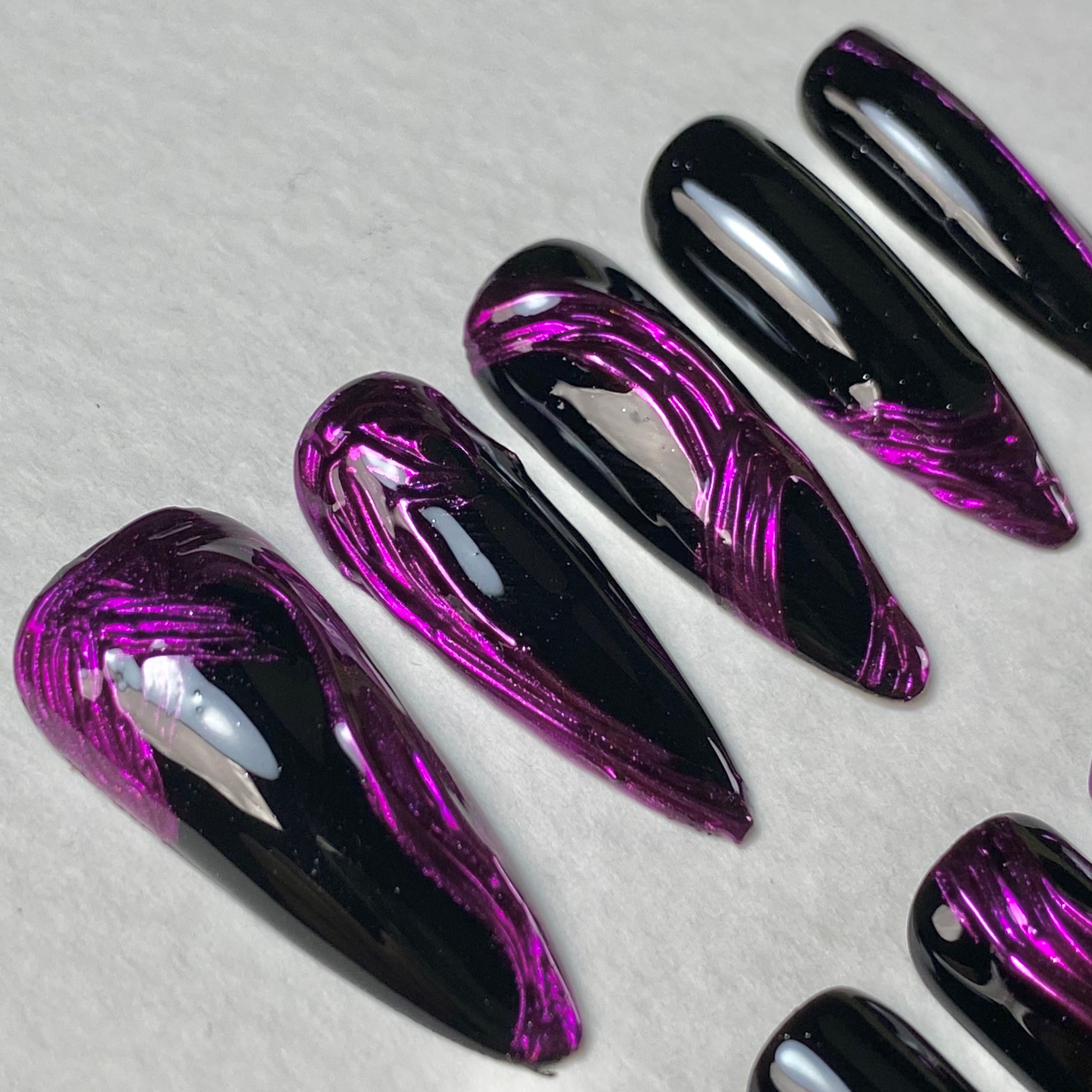 Purple Chrome Press-On Nails – Black Metallic 3D Gothic Fake Nails