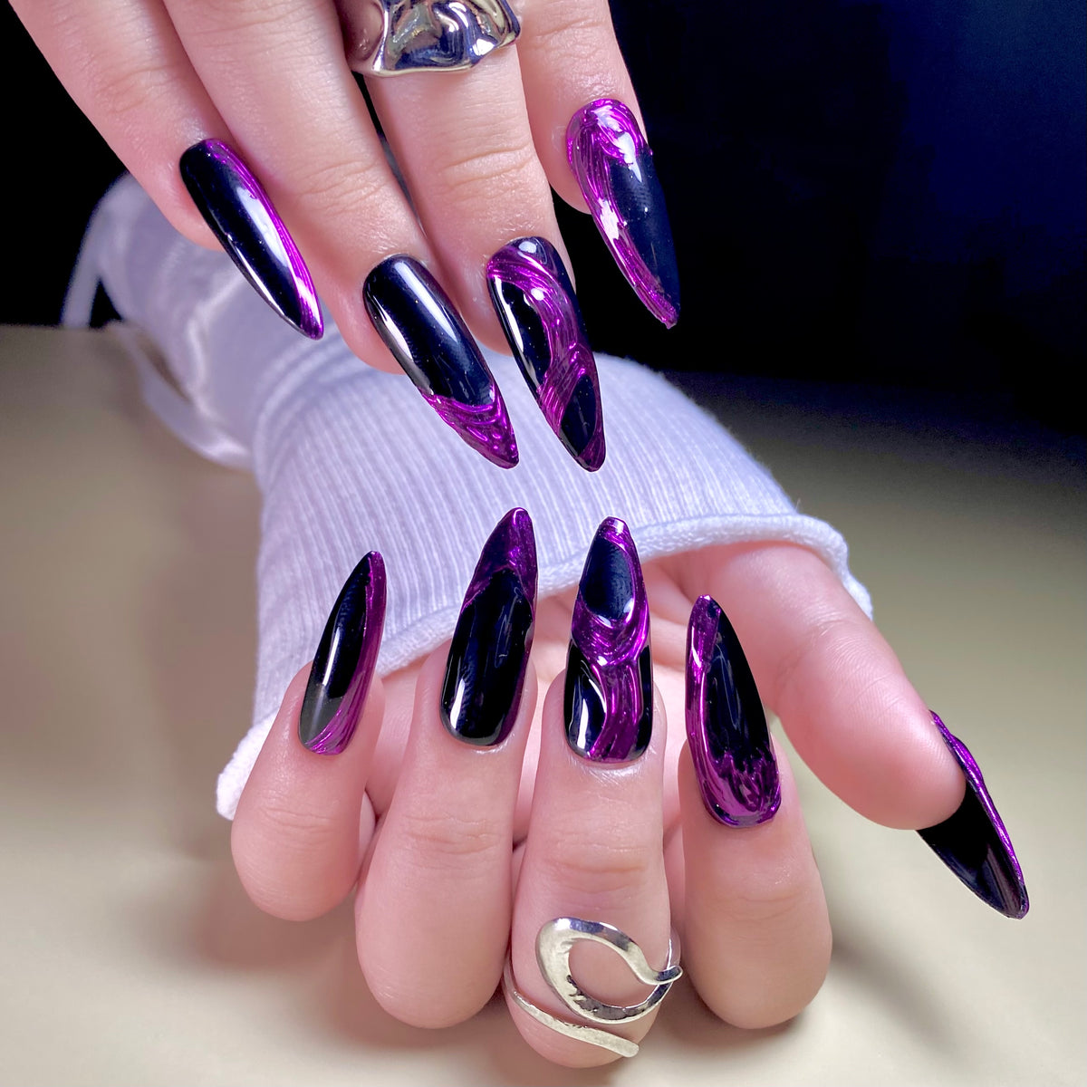 Purple Chrome Press-On Nails – Black Metallic 3D Gothic Fake Nails