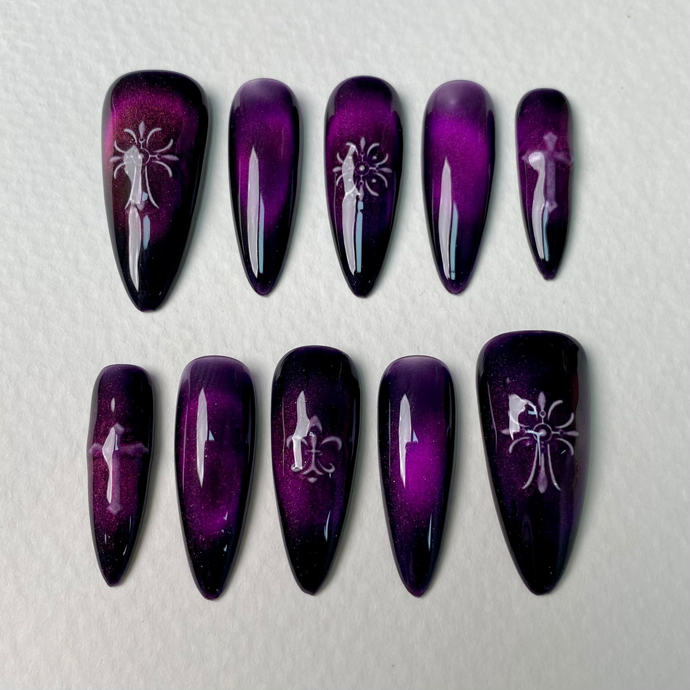 Purple Cat Eye Press-On Nails – Silver Tribal Gothic Fake Nails