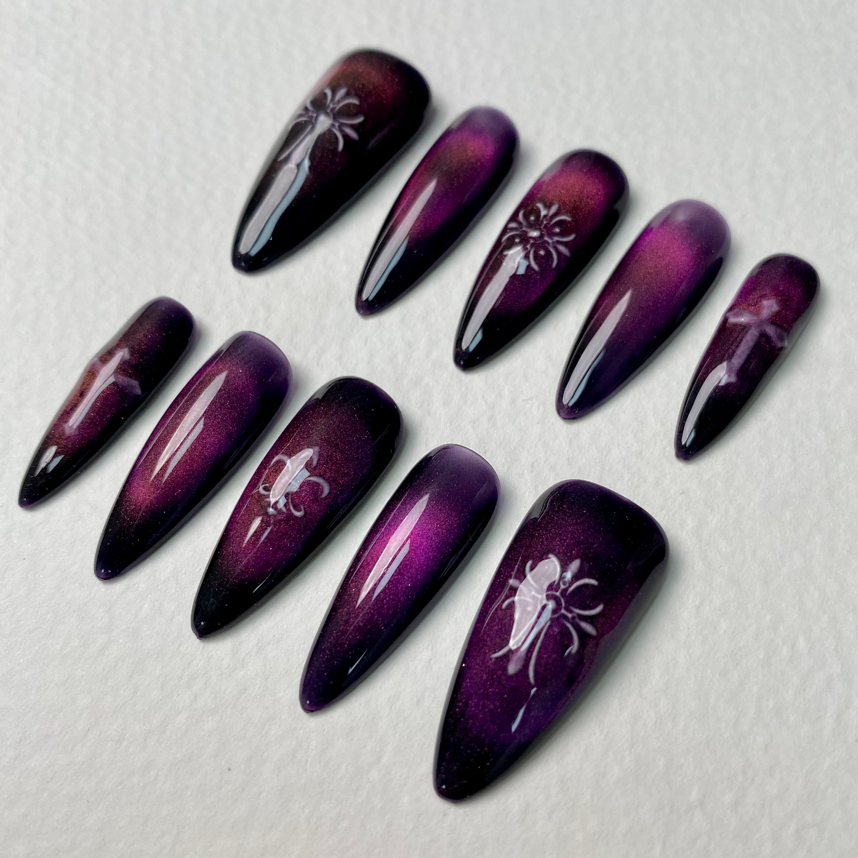 Purple Cat Eye Press-On Nails – Silver Tribal Gothic Fake Nails