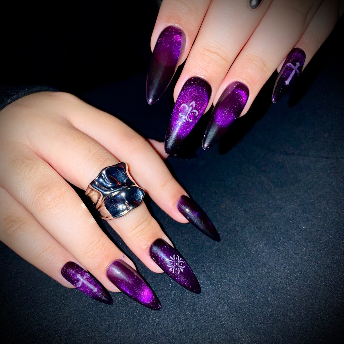 Purple Cat Eye Press-On Nails – Silver Tribal Gothic Fake Nails