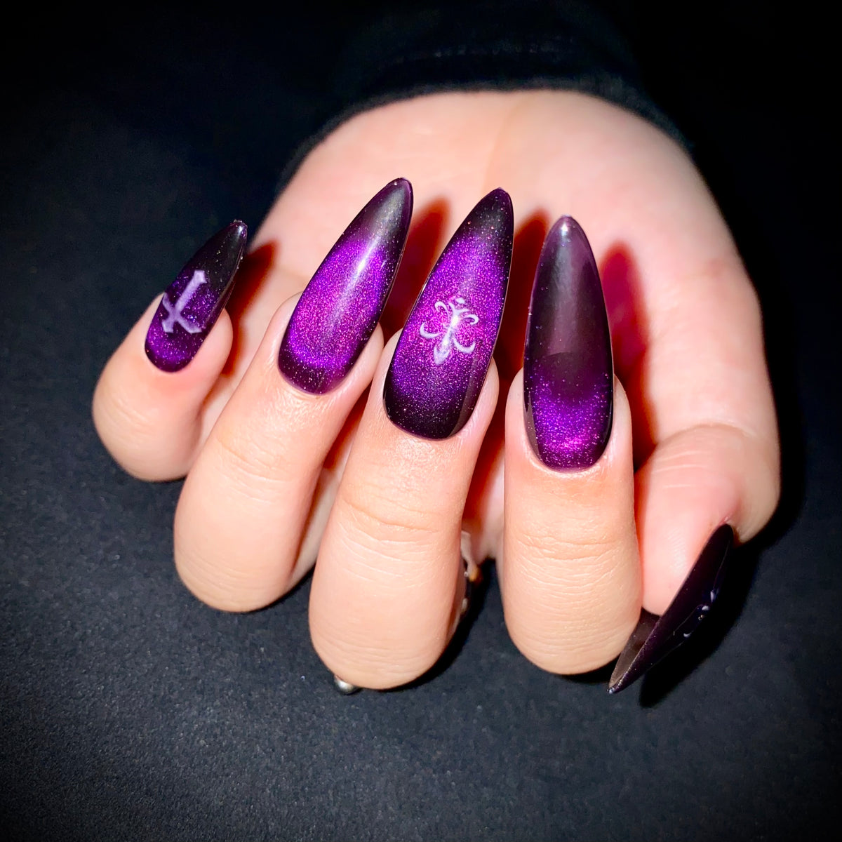 Purple Cat Eye Press-On Nails – Silver Tribal Gothic Fake Nails