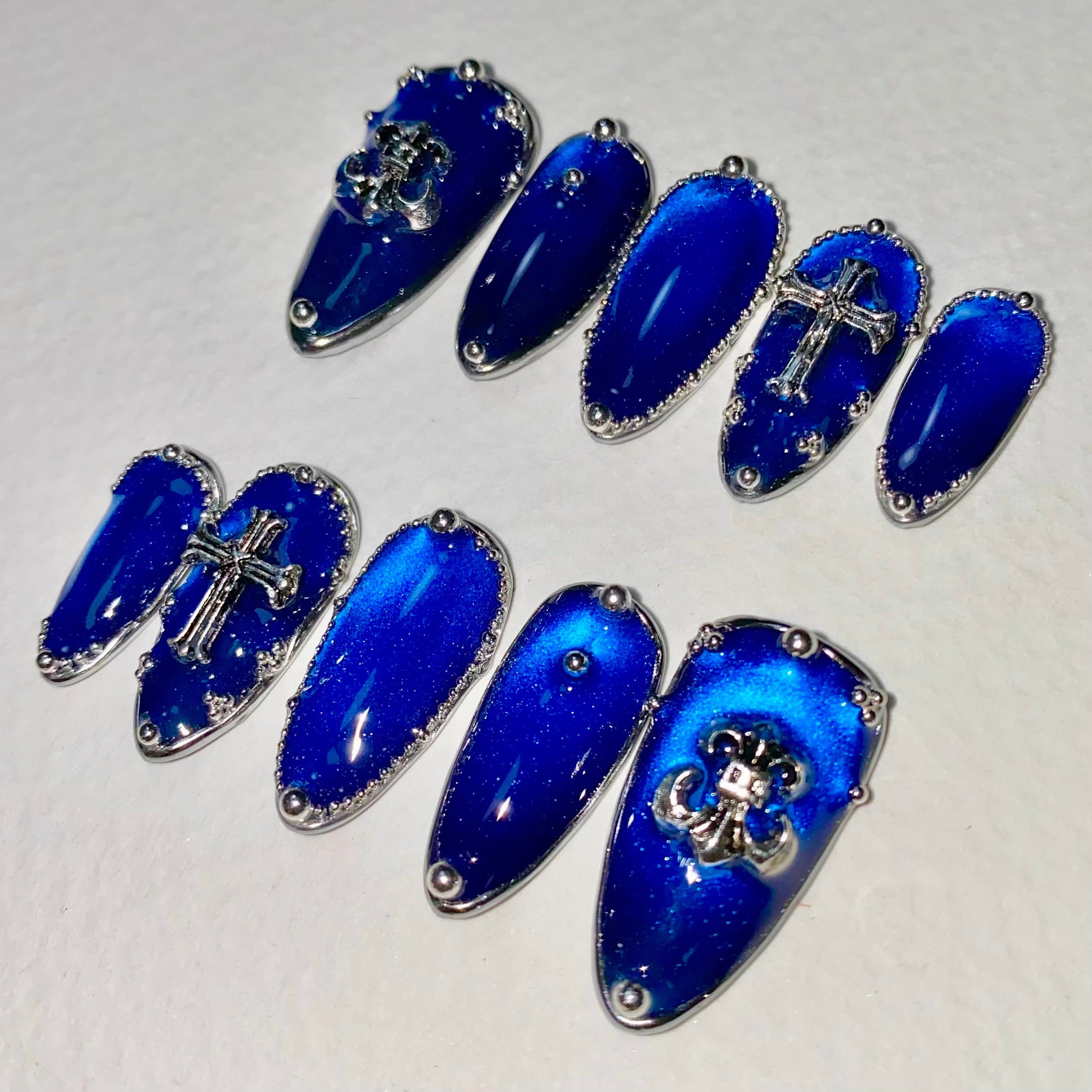 Blue Cat Eye Gothic Press-On Nails – Silver Chrome Cross & Fleur de Lis Fake Nails
