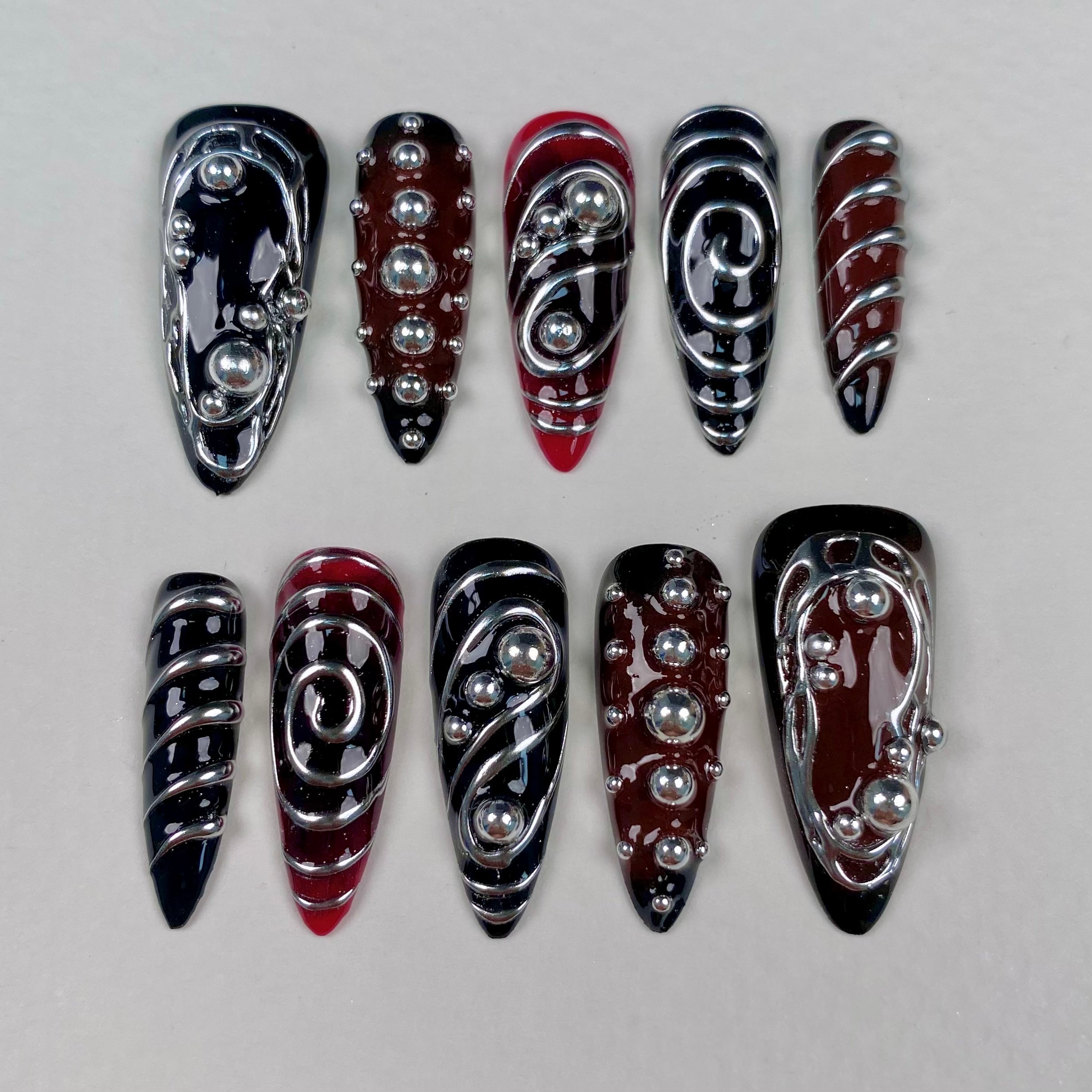 Red Black Silver Chrome Y2K Press-On Nails – 3D Metallic Swirl Cyber Fake Nails
