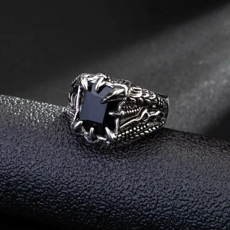 Black Stone Dragon Ring - Free Size - Stanless Steel
