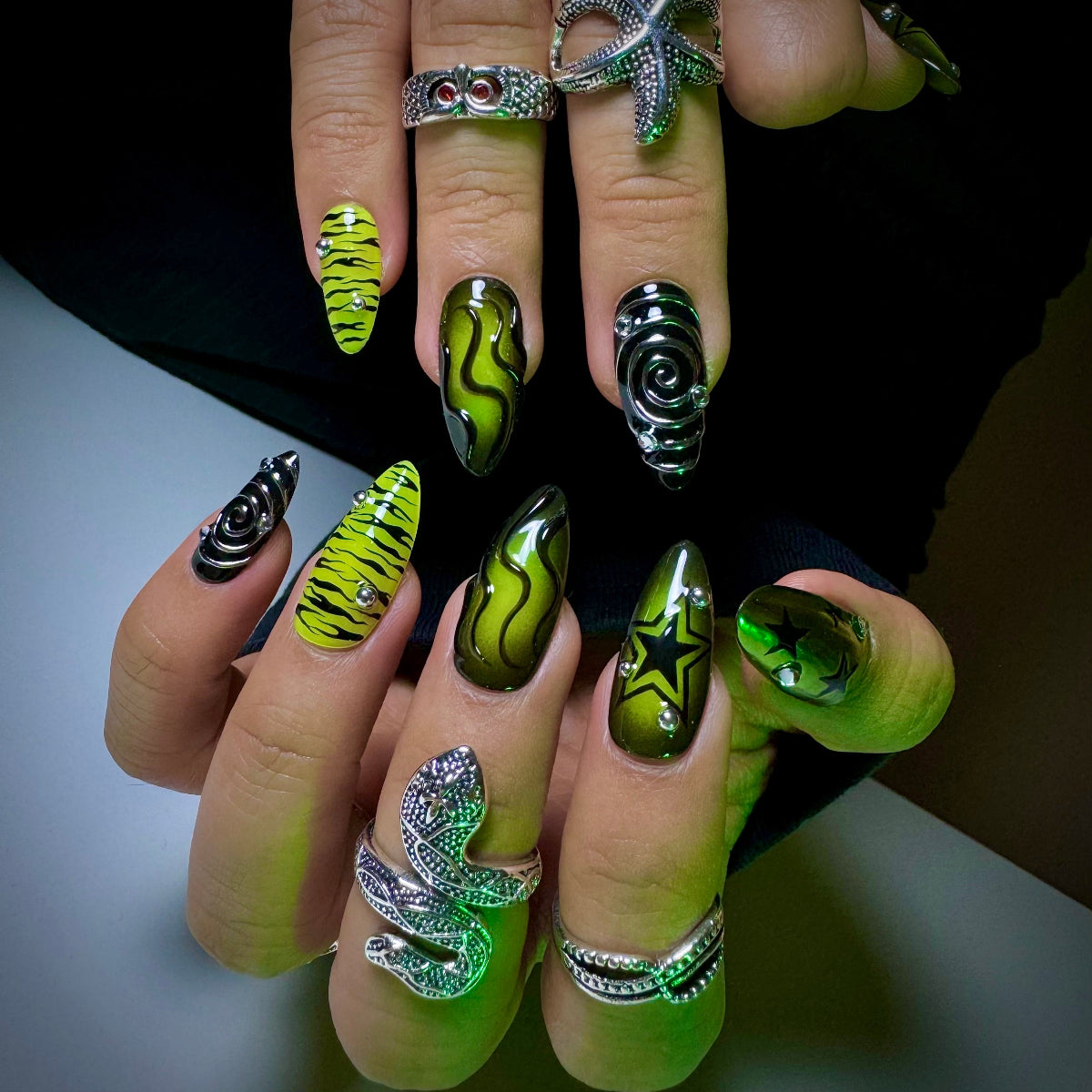 Y2K Green Chrome Press-On Nails, Neon Zebra Star Gothic Fake Nails