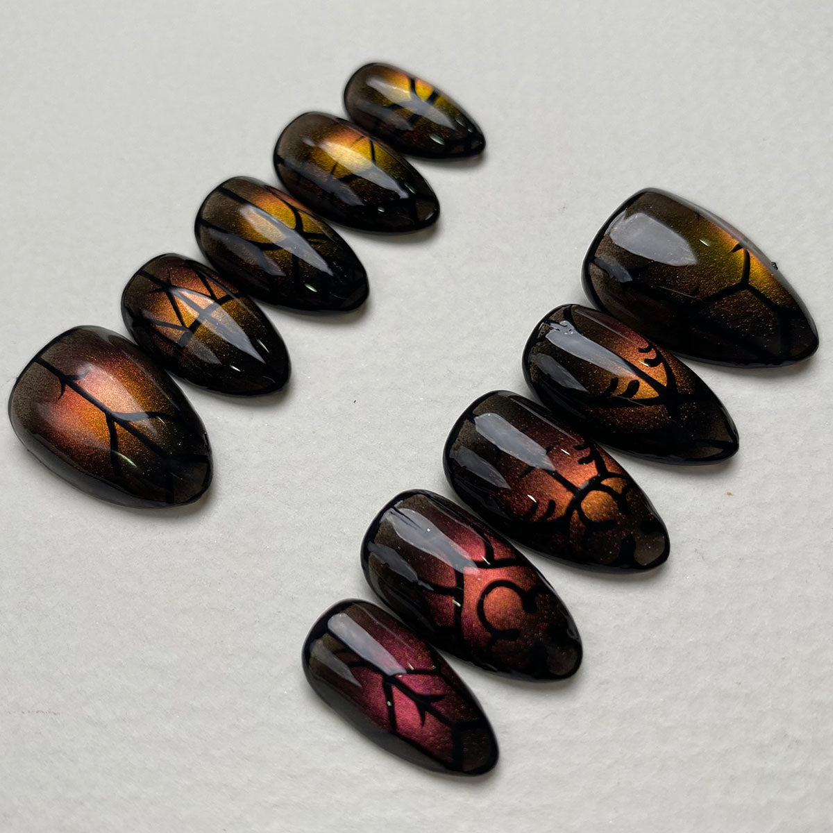 Inferno Sigil Gothic Press-On Nails – Black Red Cat Eye Fake Nails