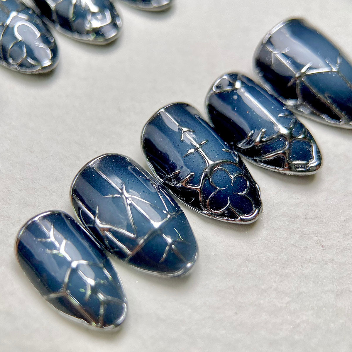 Nebula Chrome Y2K Press-On Nails – Blue Silver Gothic Fake Nails