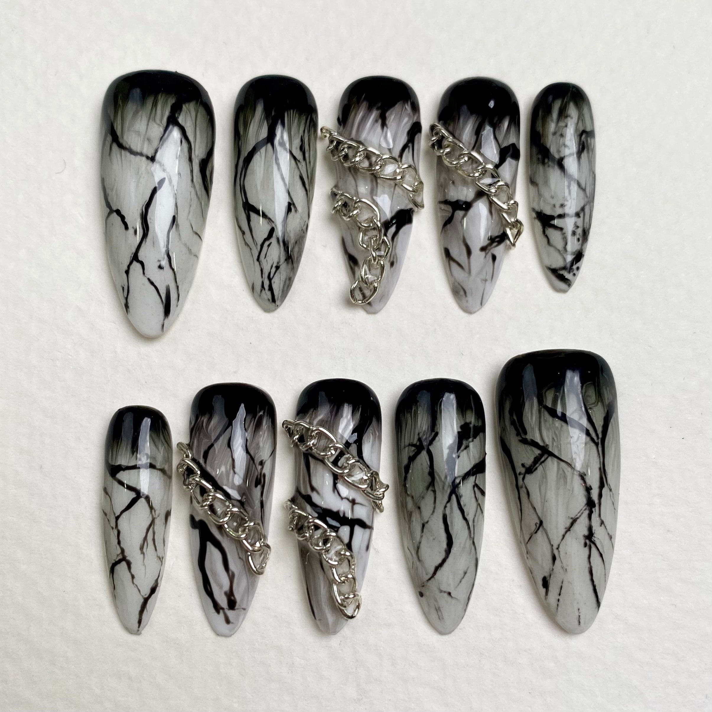 Phantom Marble Gothic Press-On Nails – Black White Smoke Fake Nails