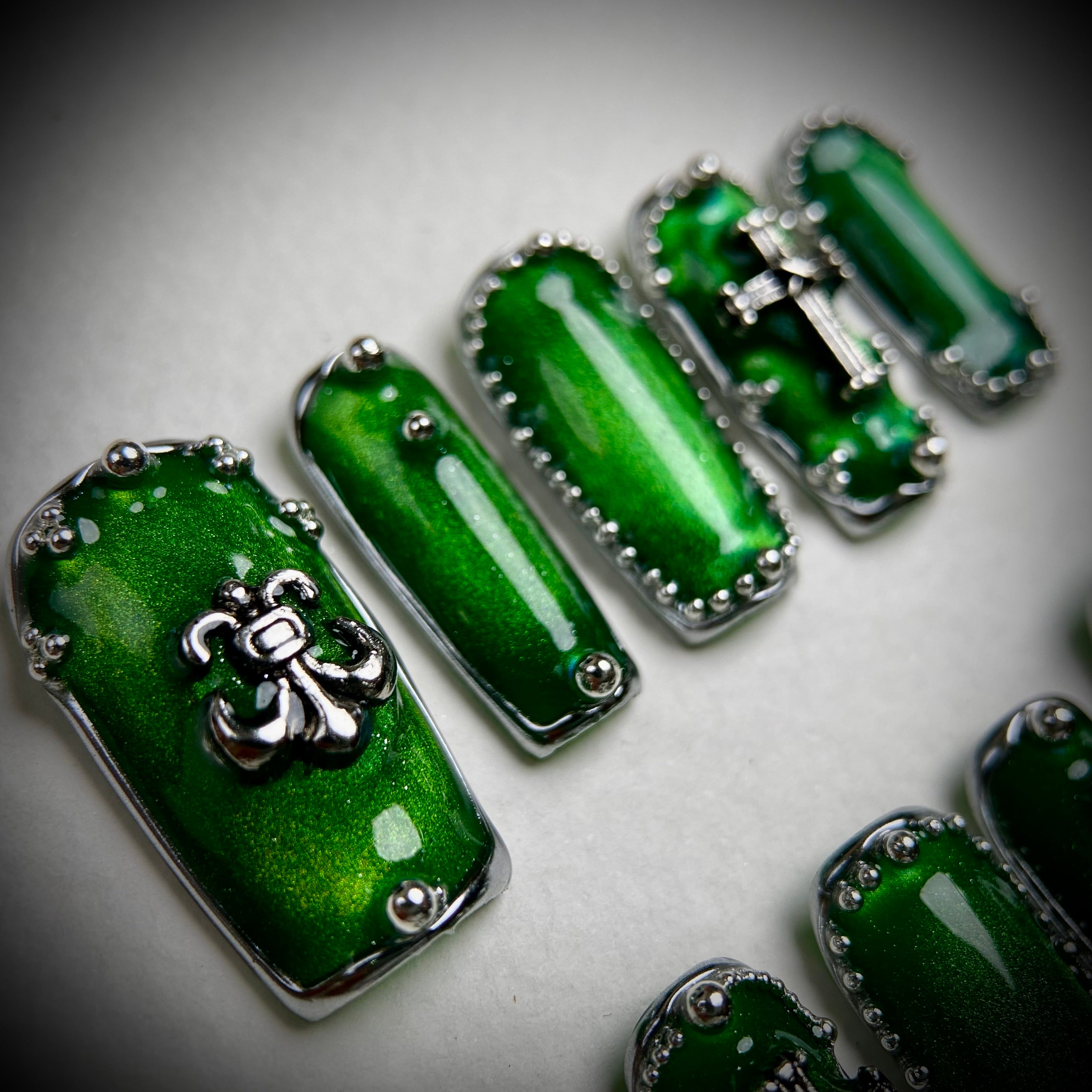 Emerald Chrome Cross Press-On Nails – Gothic Green Metallic Fake Nails
