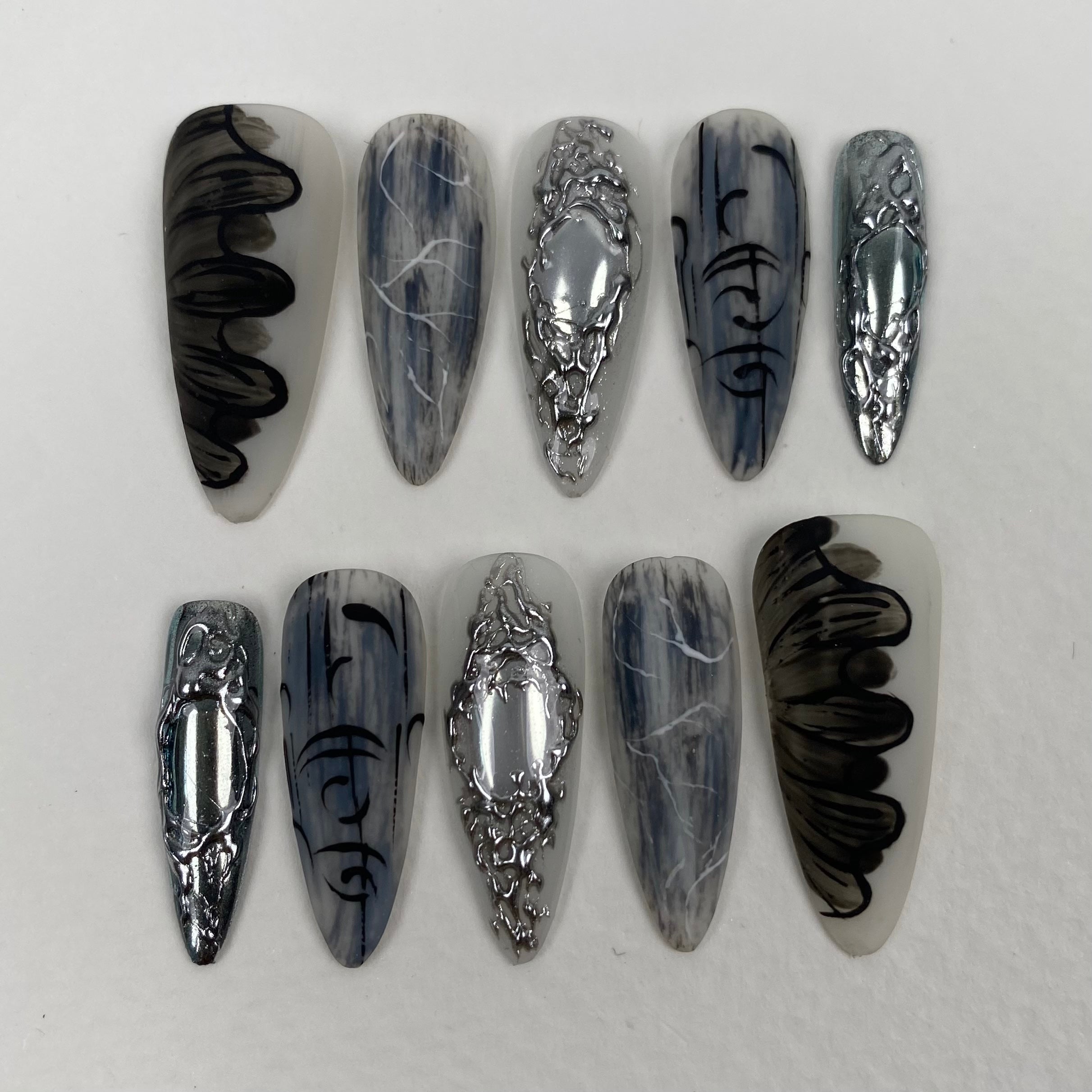 Ghost Veil Chrome Press-On Nails – Gothic Smoke Silver Fake Nails