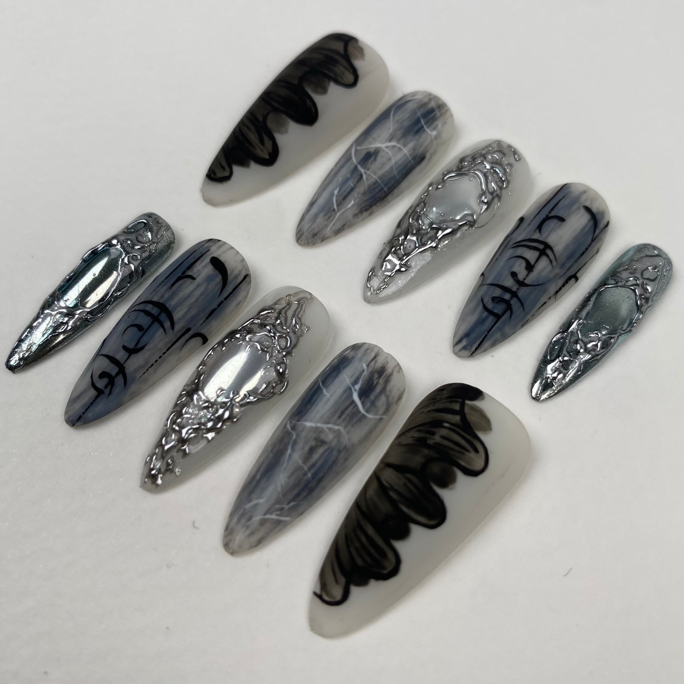 Ghost Veil Chrome Press-On Nails – Gothic Smoke Silver Fake Nails